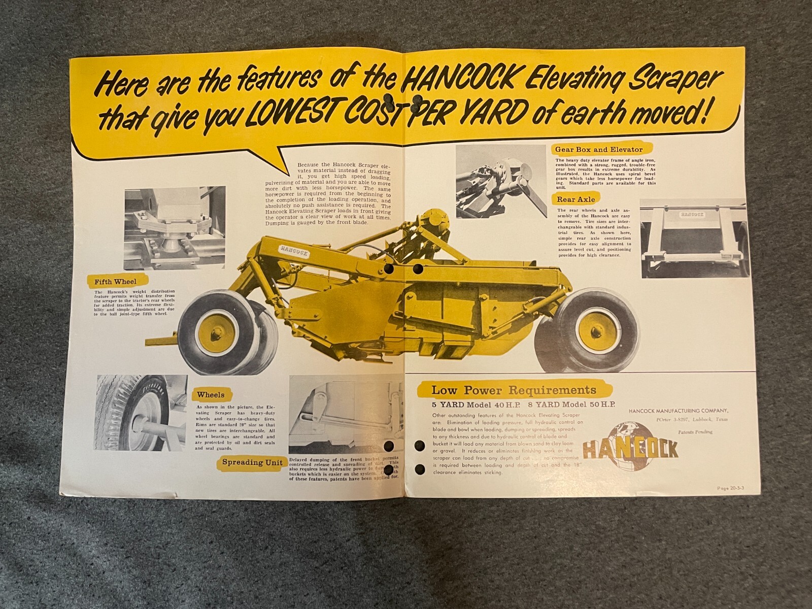 1950’s Hancock Scrapers Brochure Spec Sheet 5 Yard 8 Yard 4 Pages Vintage