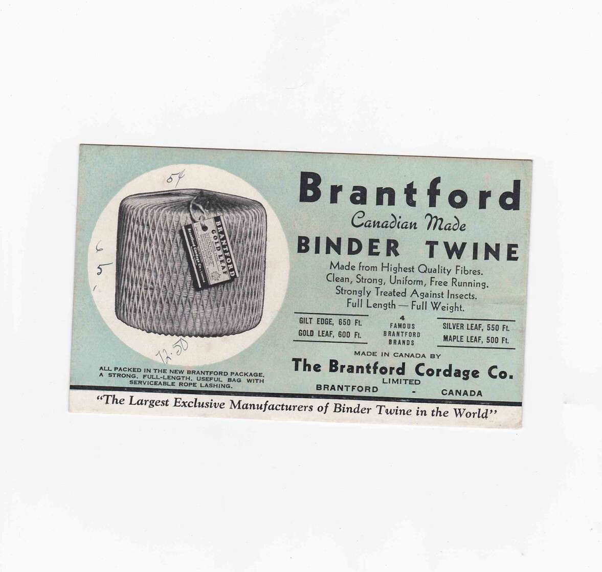 Antique 1930’s Brantford Binder Twine & Cordage Co. Ontario Trade Card E02-147