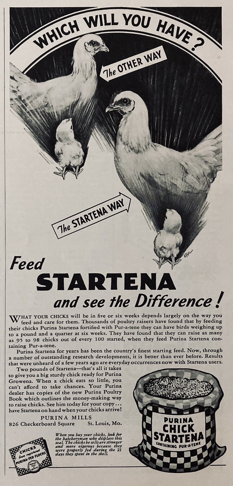 1938 AD.(XH69)~PURINA MILLS, CHECKERBOARD SQ., ST. LOUIS, MO. CHICK STARTENA