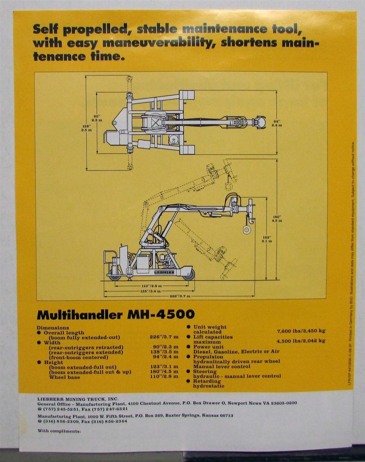 1998 Liebherr MH-4500 Multihandler Specifications Construction Sales Brochure