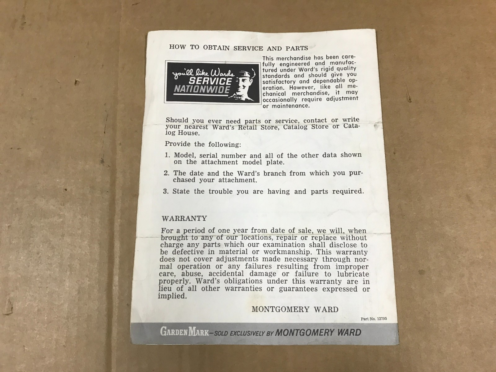 Vintage Wards Garden Mark Dozer Blade Owner’s Guide & Parts List