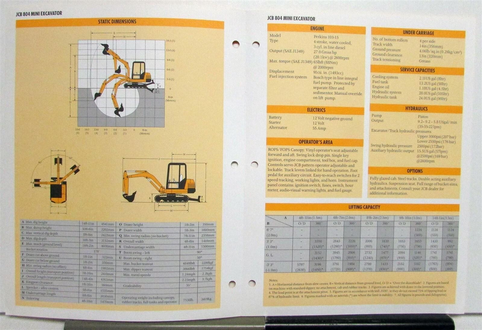1998 JCB 804 Mini Excavator Specifications Construction Sales Brochure