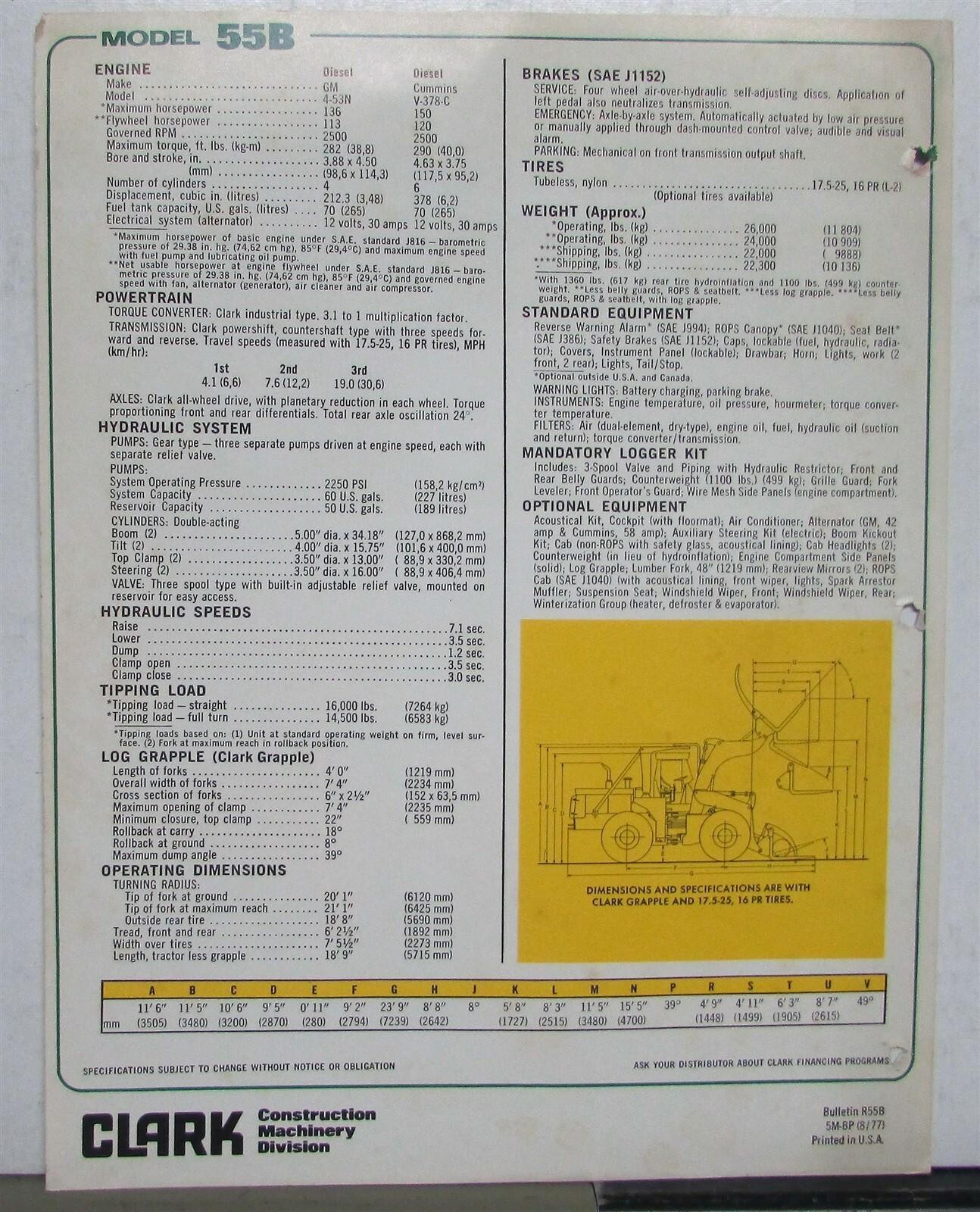 1978 Clark 55B Ranger Log Loader Specifications Construction Sales Brochure