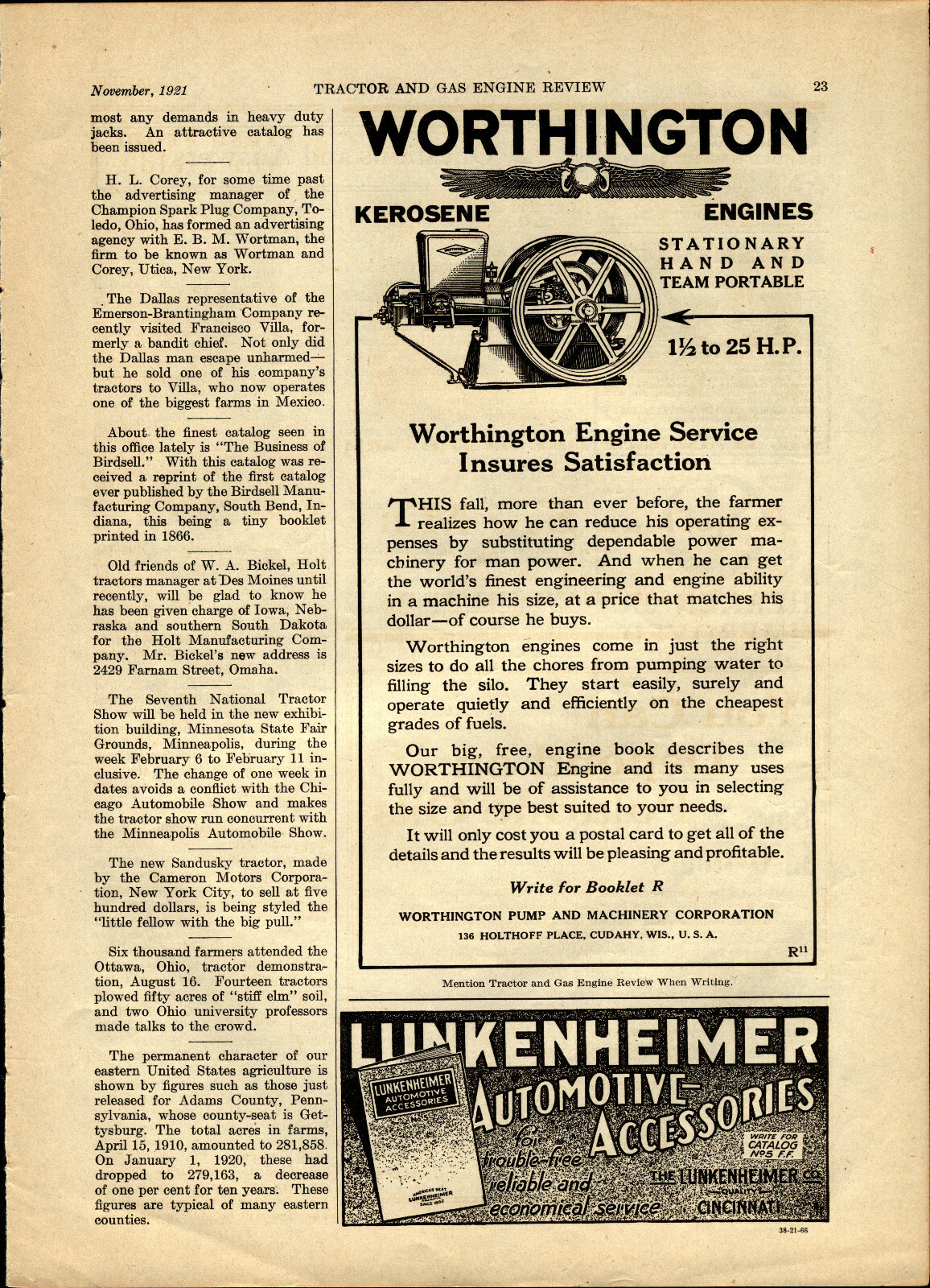 1921 Worthington Pump & Machinery Co. Kerosene Engines AD: Cudahy, Wisconsin –