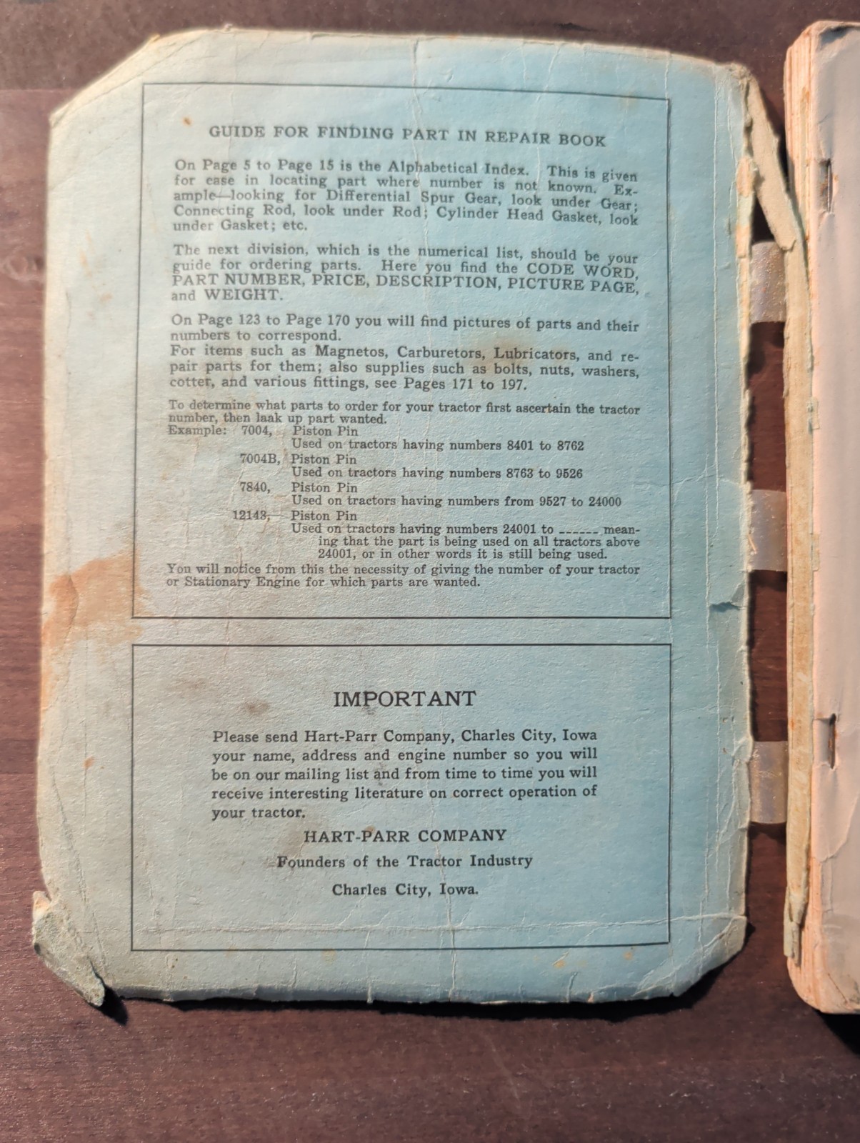 1929 Parts Price List for Hart-Parr “30” – “16-30” Tractor Serial # 8401 – 26000