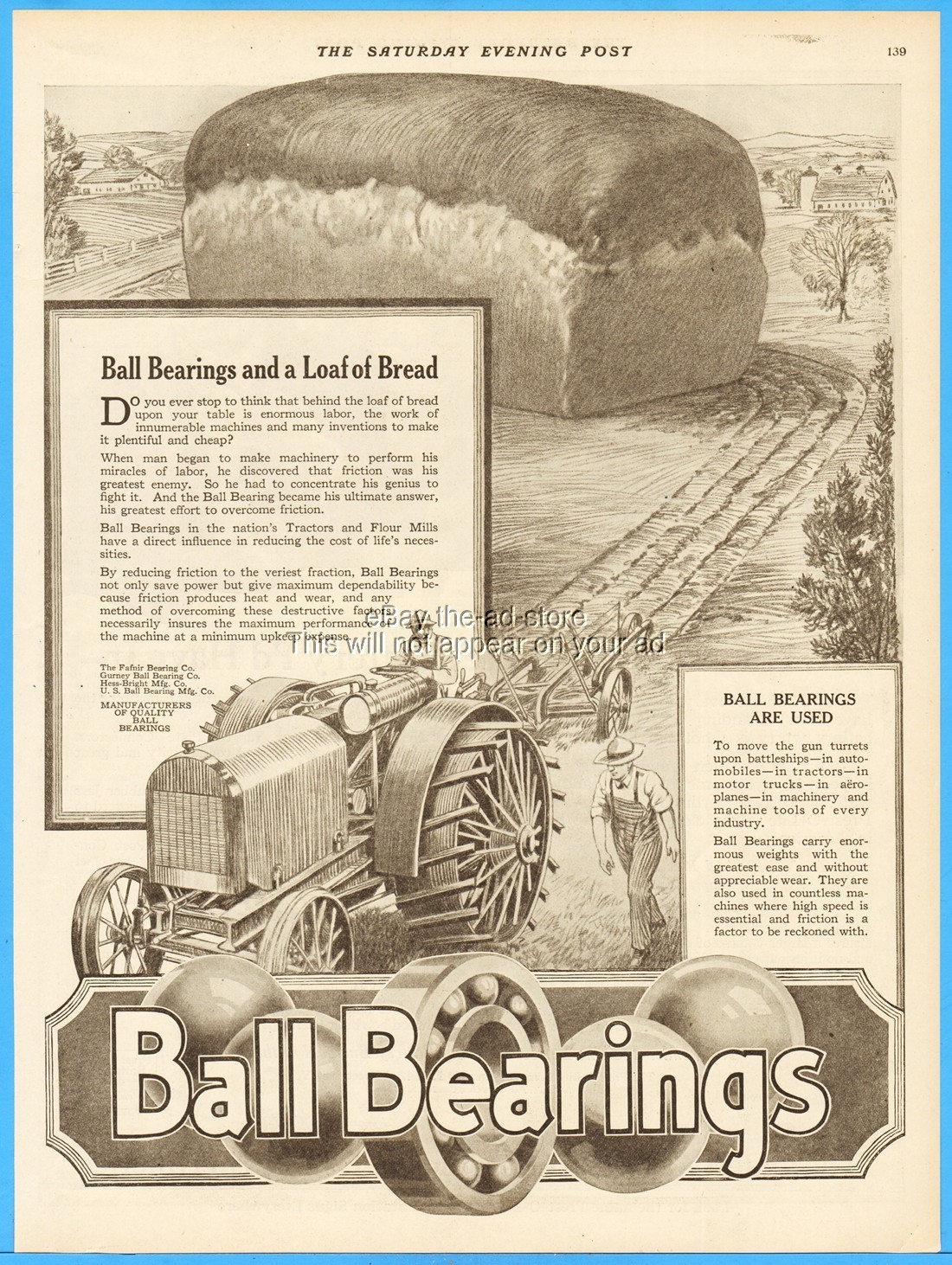 1919 Ball Bearings Ad Loaf of Bread Antique Farm Tractor Art Farmer Plowing Ad