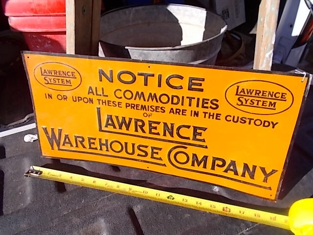 Vintage Tin Sign Lawrence System Warehouse Company Notice Commodities 9 by 19.5