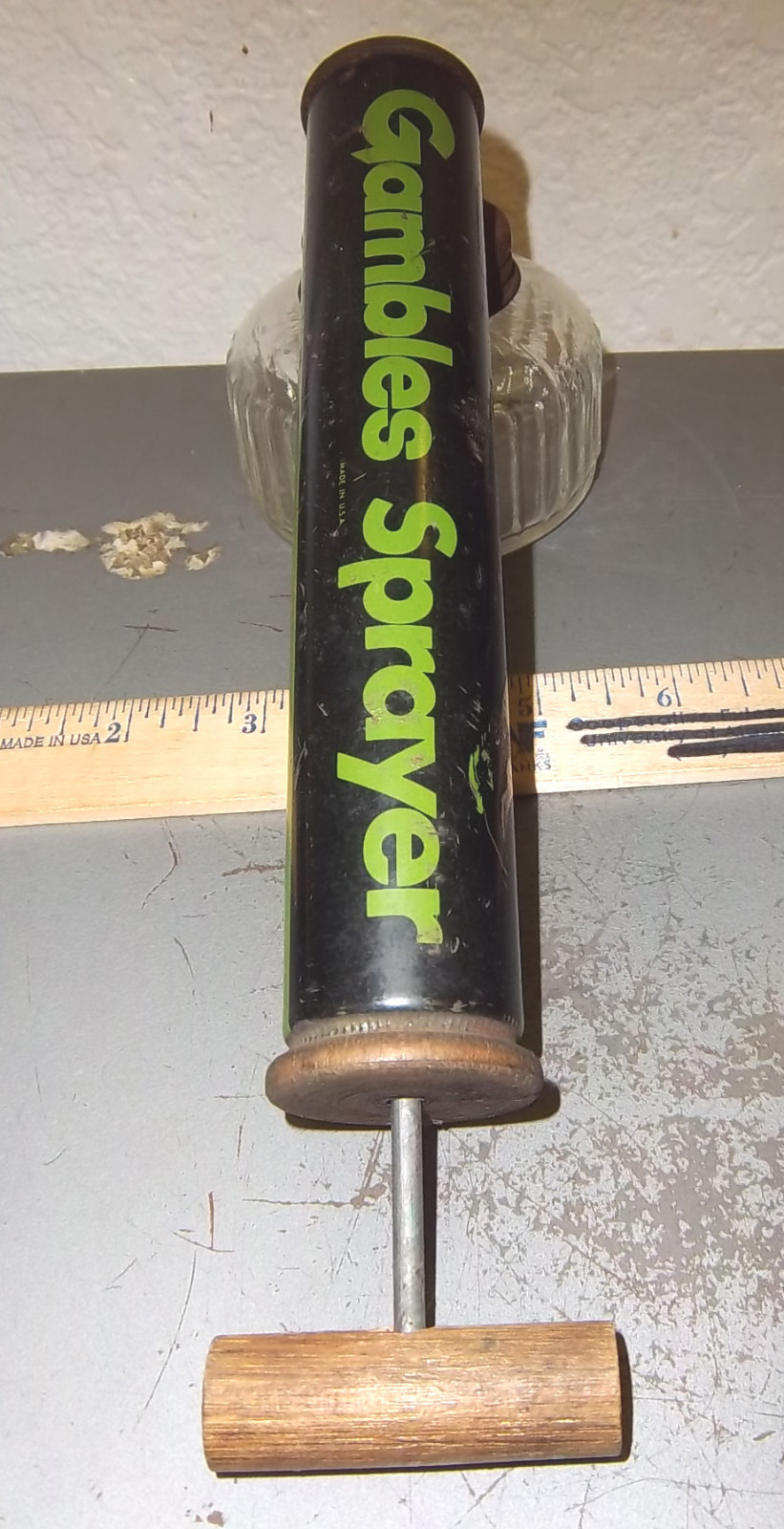 vintage GAMBLES sprayer, wood handle & glass container, great colors!!