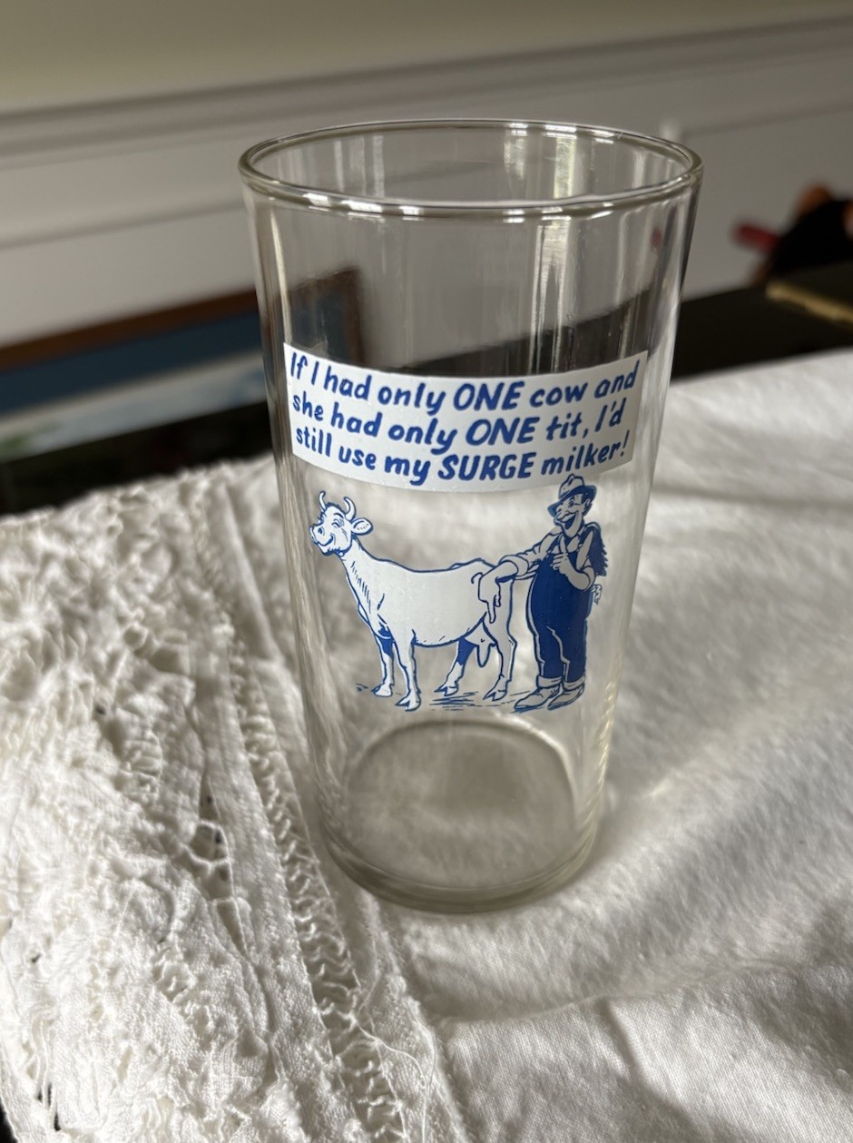 Vintage Surge Milker Dairy Advertising Drinking Glass Farmer Cow One Tit Slogan