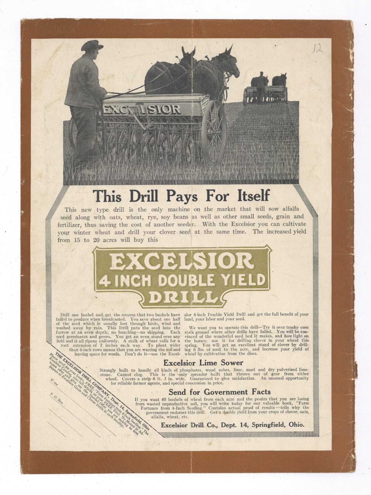 1918 Excelsior Drill Co. Ad: 4″ Double Yield Drill for Farming- Springfield OhiO