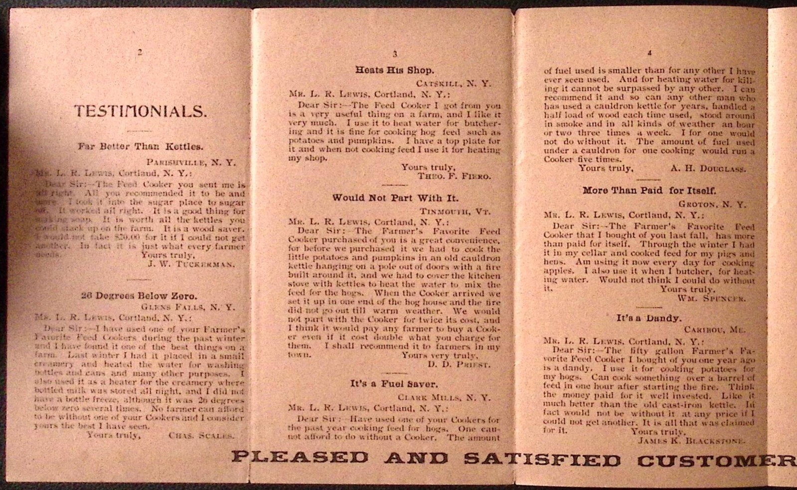 Farmers Favorite Feed Cooker Testimonial Brochure c1920s Cortland NY 3.25 x 6″