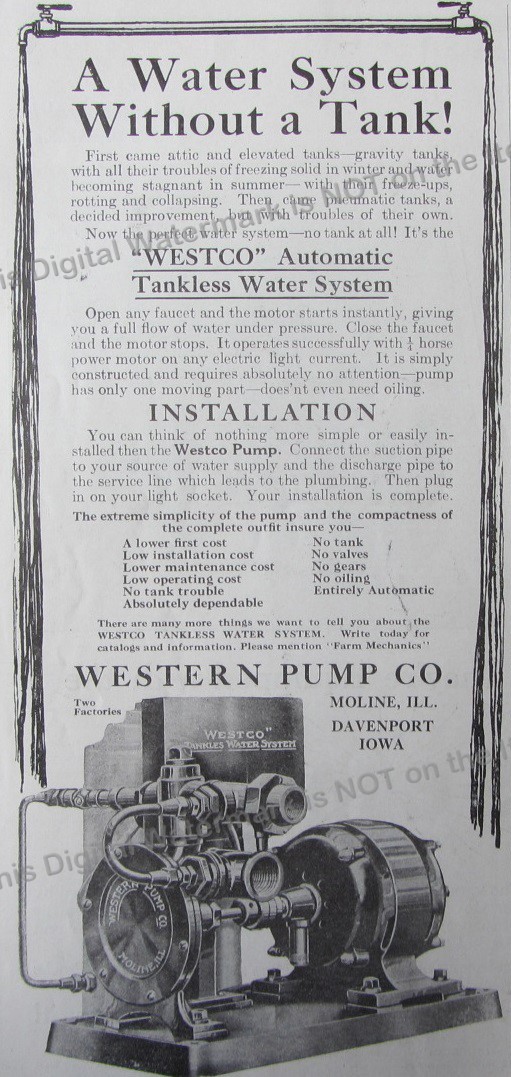1919 Ad * New Westco Automatic Tankless Water System Western Pump Co Moline IL