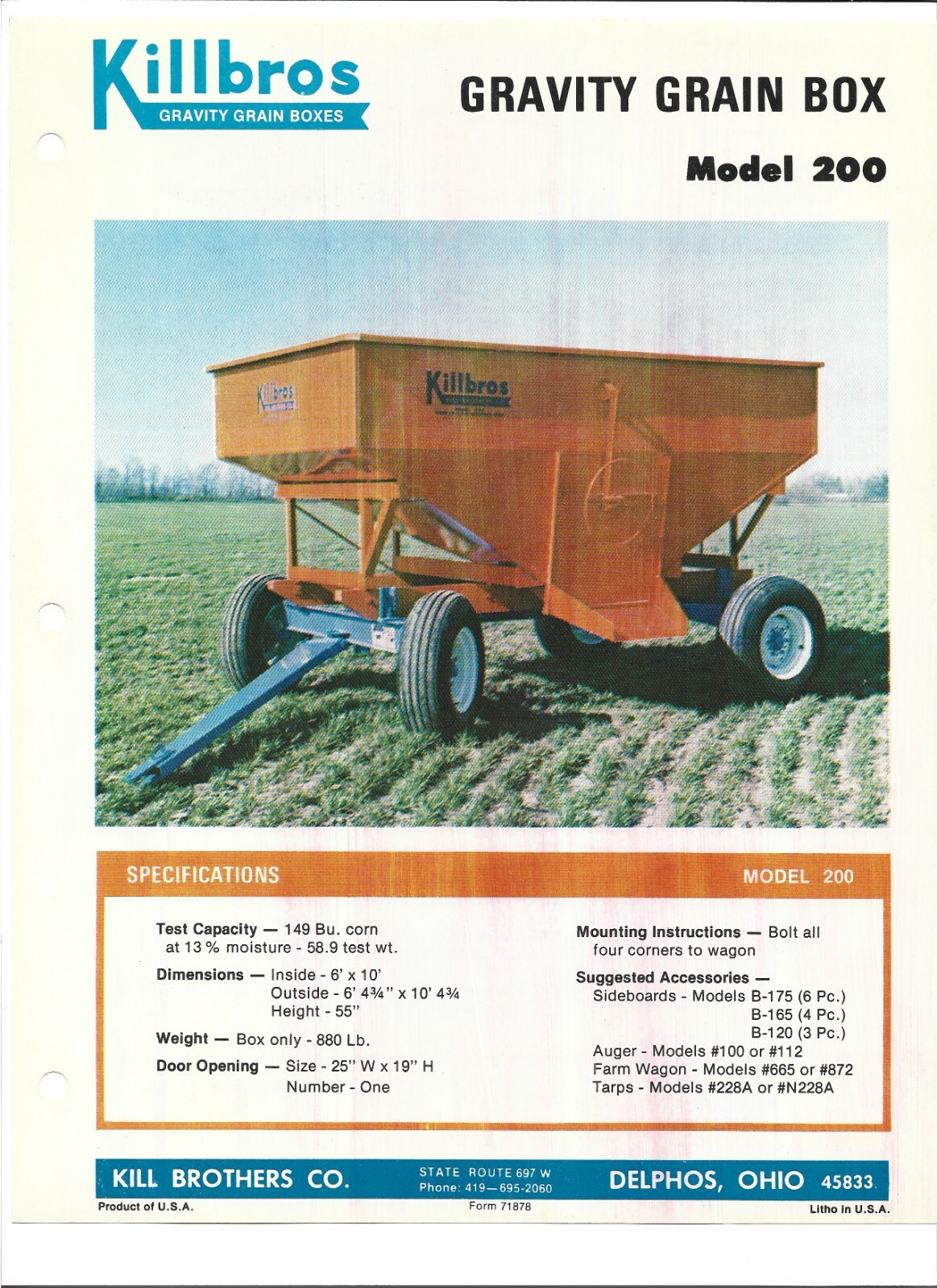 Original Killbros Model 200 Gravity Grain Box Sales Brochure Spec Sheet # 71878