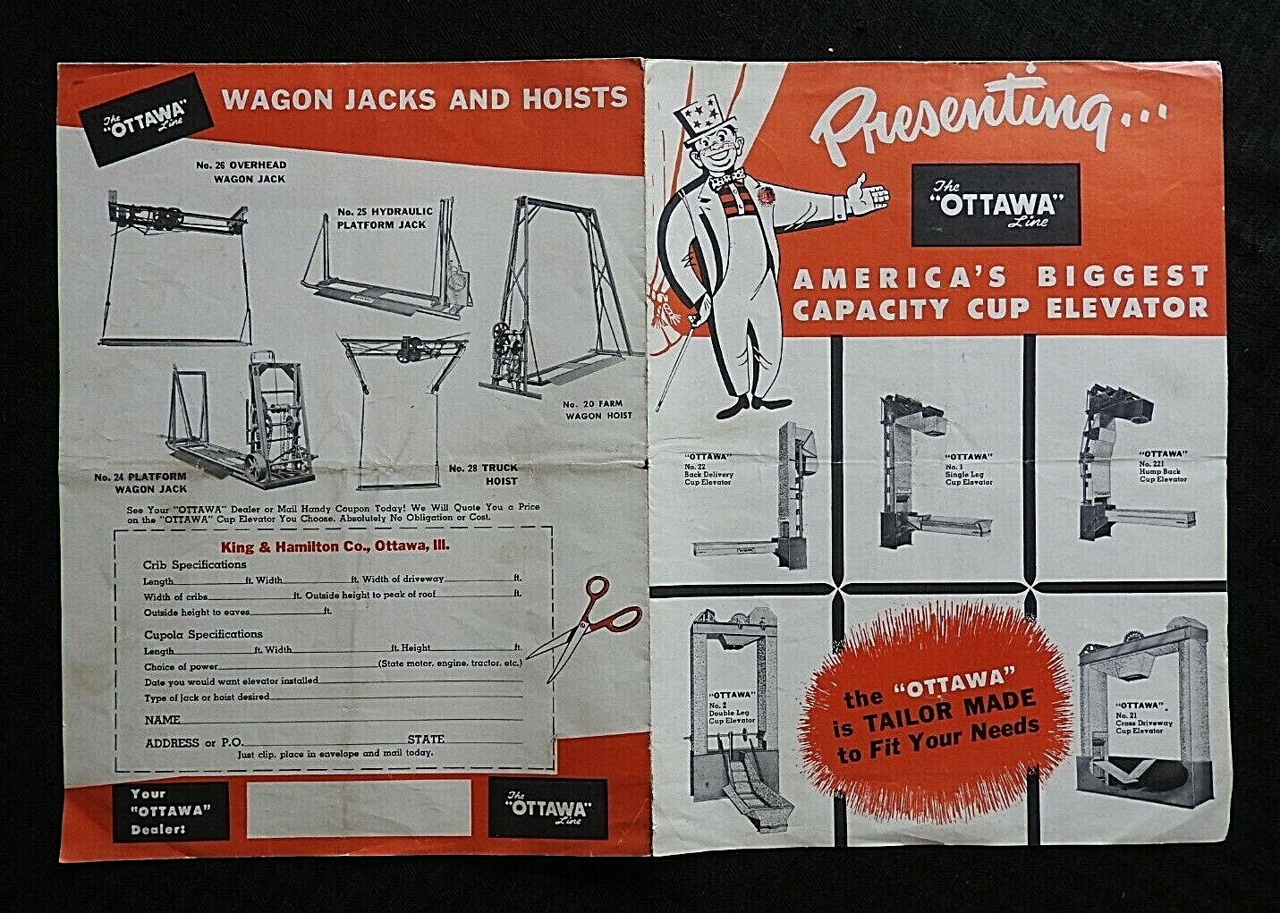 1950’s “OTTAWA BIGGEST CAPACITY GRAIN CUP ELEVATOR” FOLD-OUT POSTER BROCHURE IL