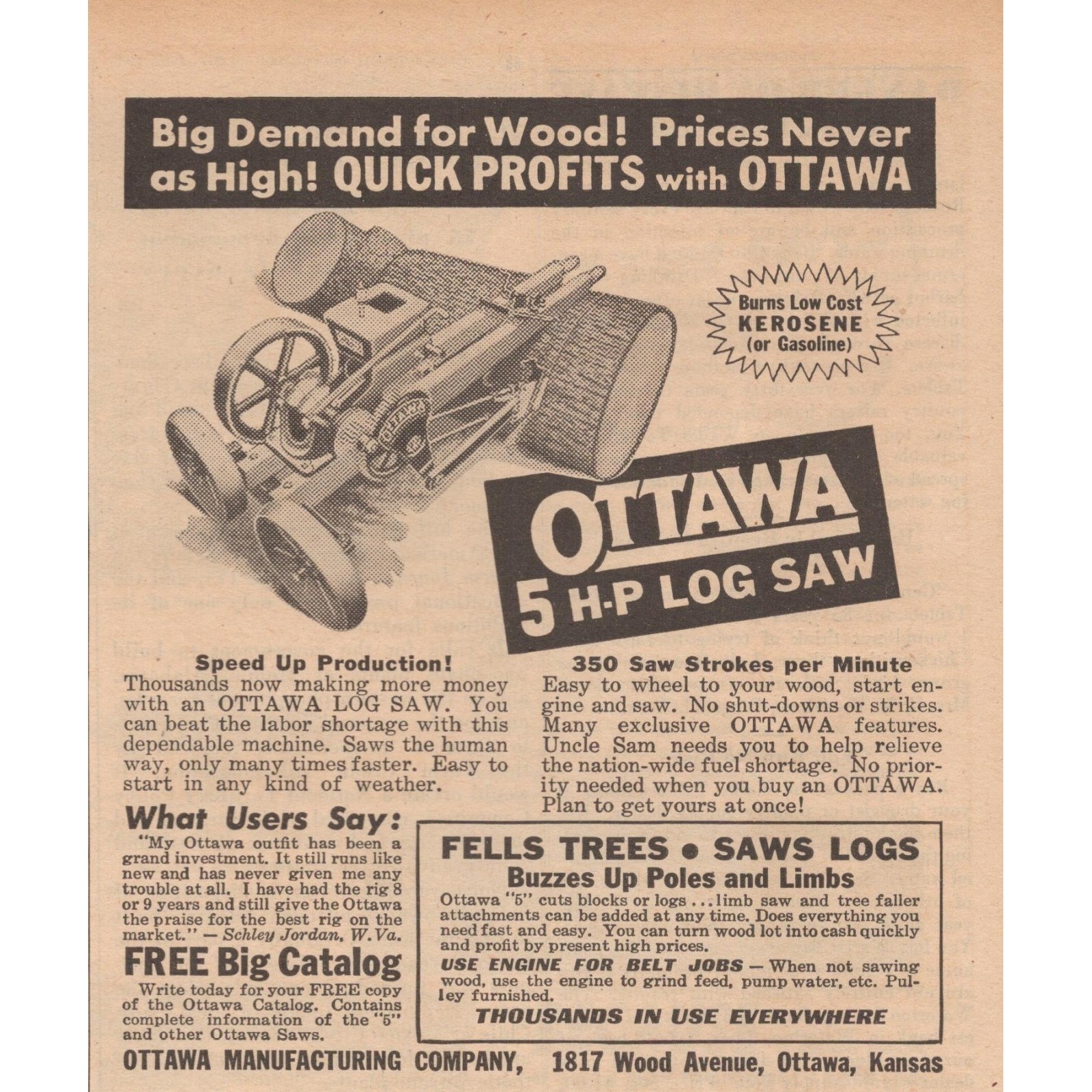 Ottawa 5 HP Log Saw Farming Logging Equipment Ottawa KS Vintage Print Ad 1945