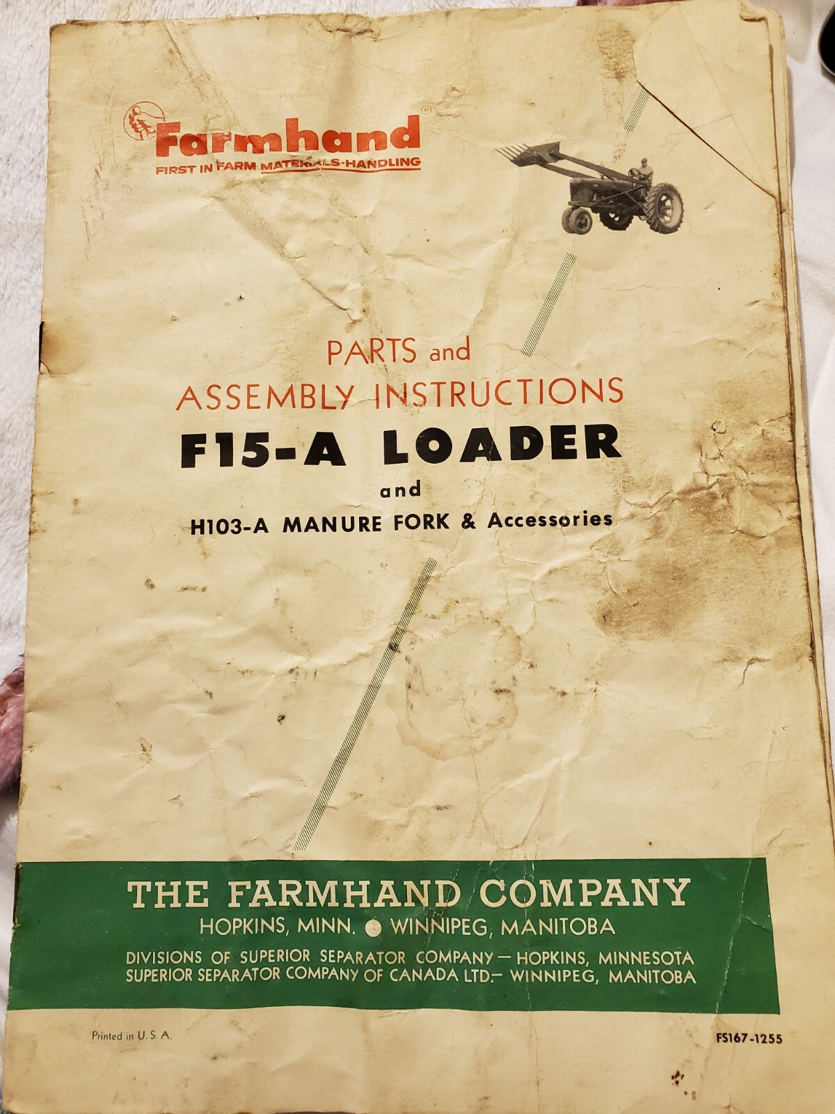 Vintage Old FARMHAND Manual F15-A Loader H103 Manure Fork Assembly Instructions