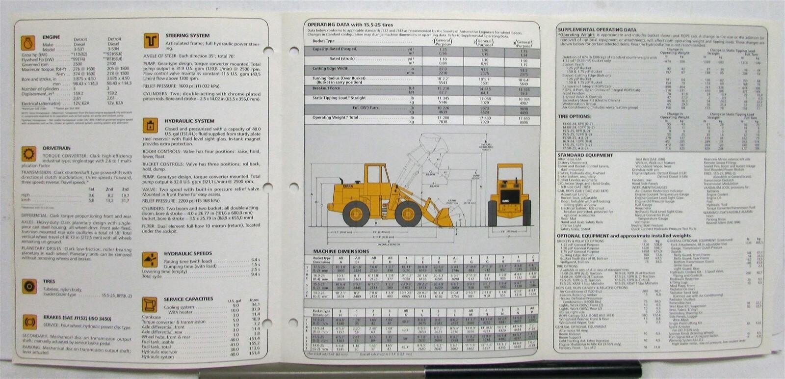 1980s Clark 35C Michigan Wheel Loader Specification Construction Sale Tri-Folder