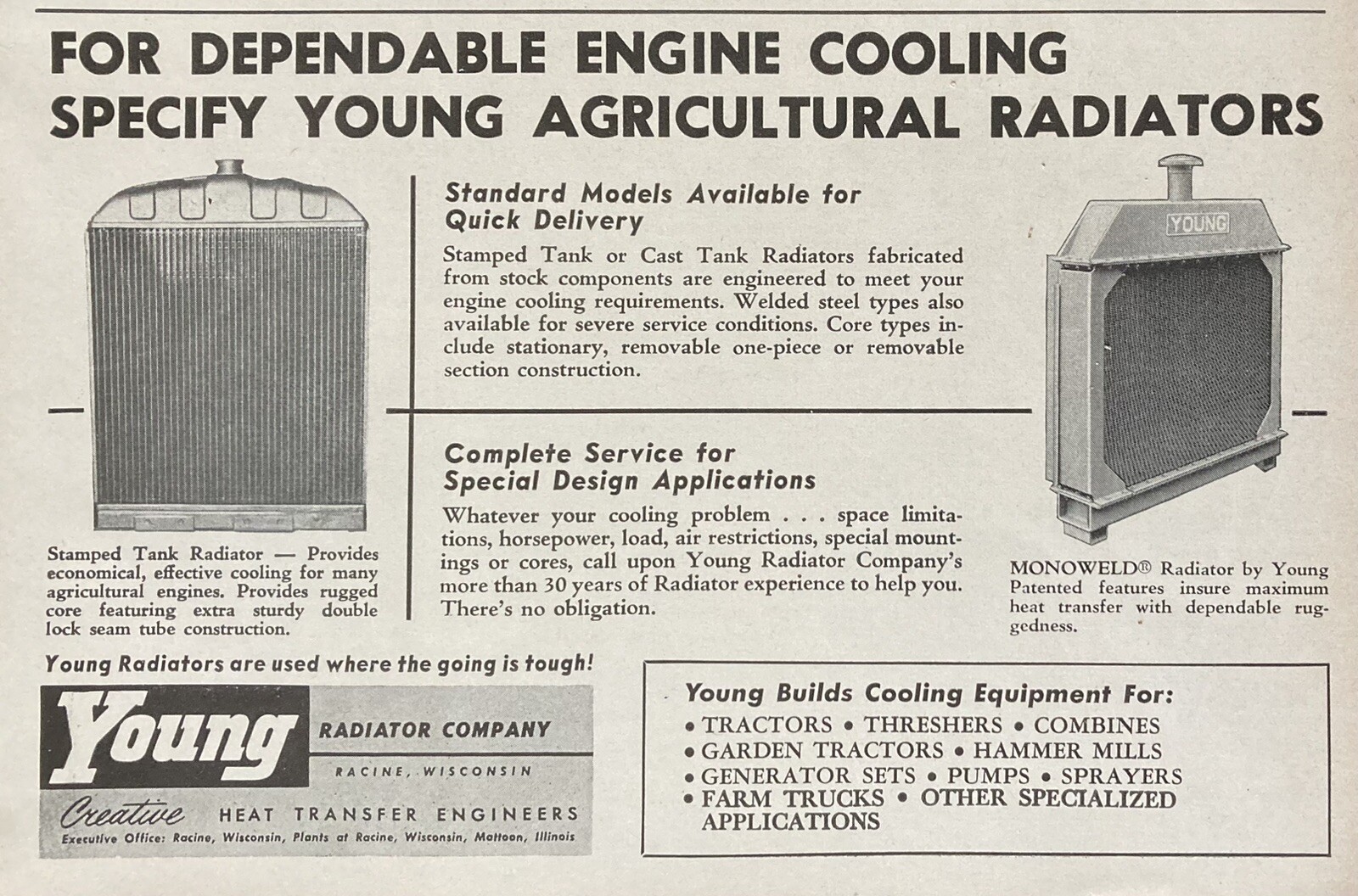 1958 AD.(XH68)~YOUNG RADIATOR CO. RACINE, WIS. YOUNG AGRICULTURAL RADIATORS