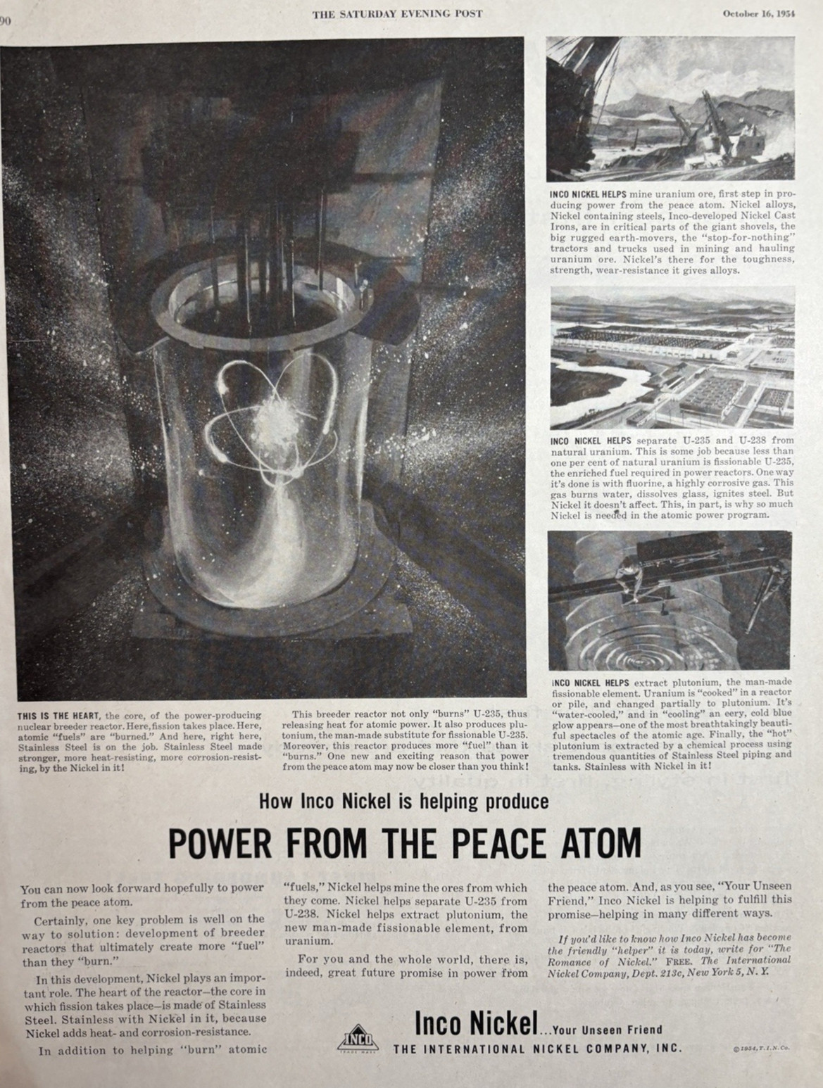 1954 International Nickel Co Atom Power Peace Reactor U-235 Mine VTG Print Ad
