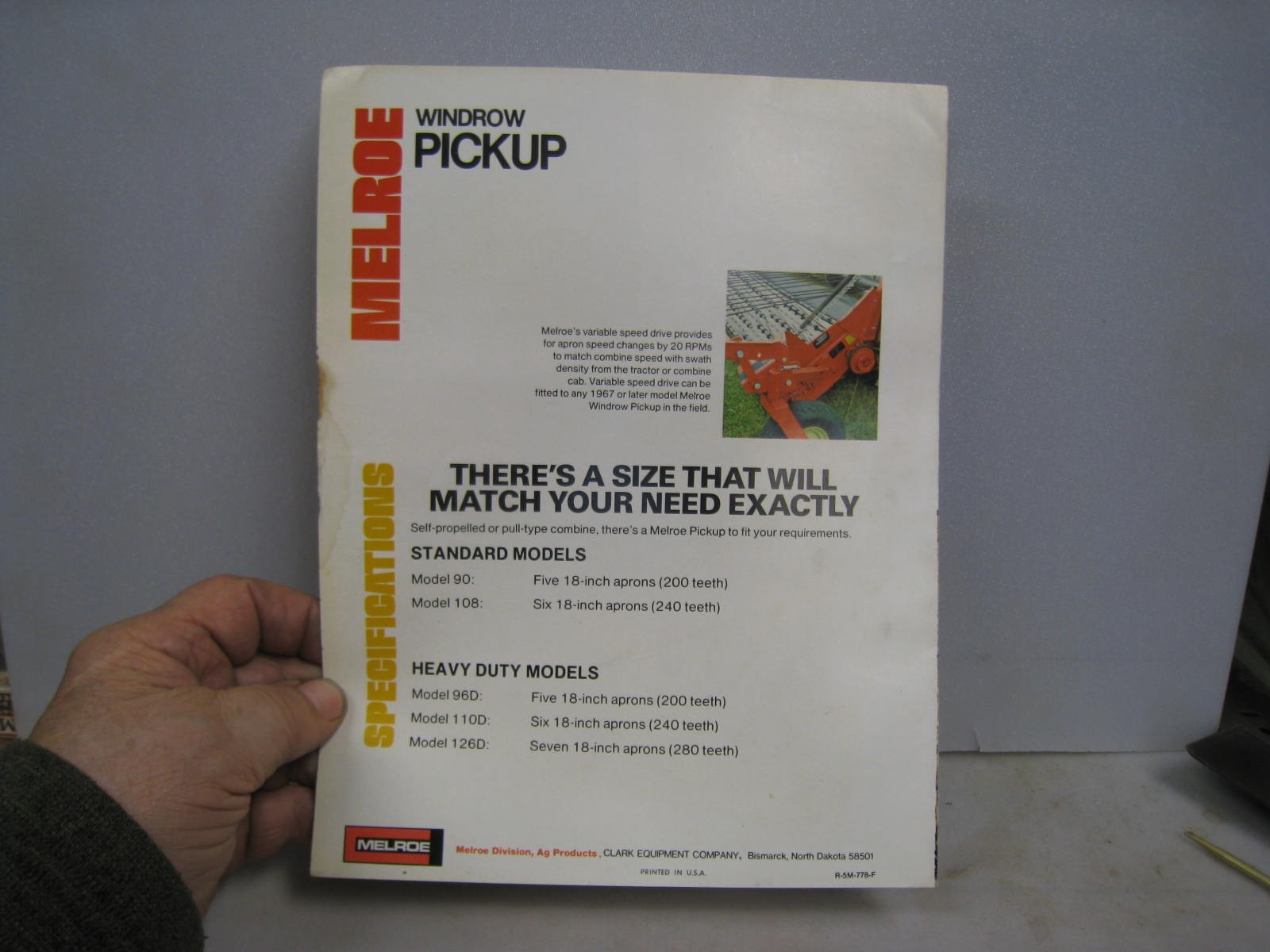 Melroe Windrow Pickup SALES Brochure FCCA FARM EQUIPMENT CLARK