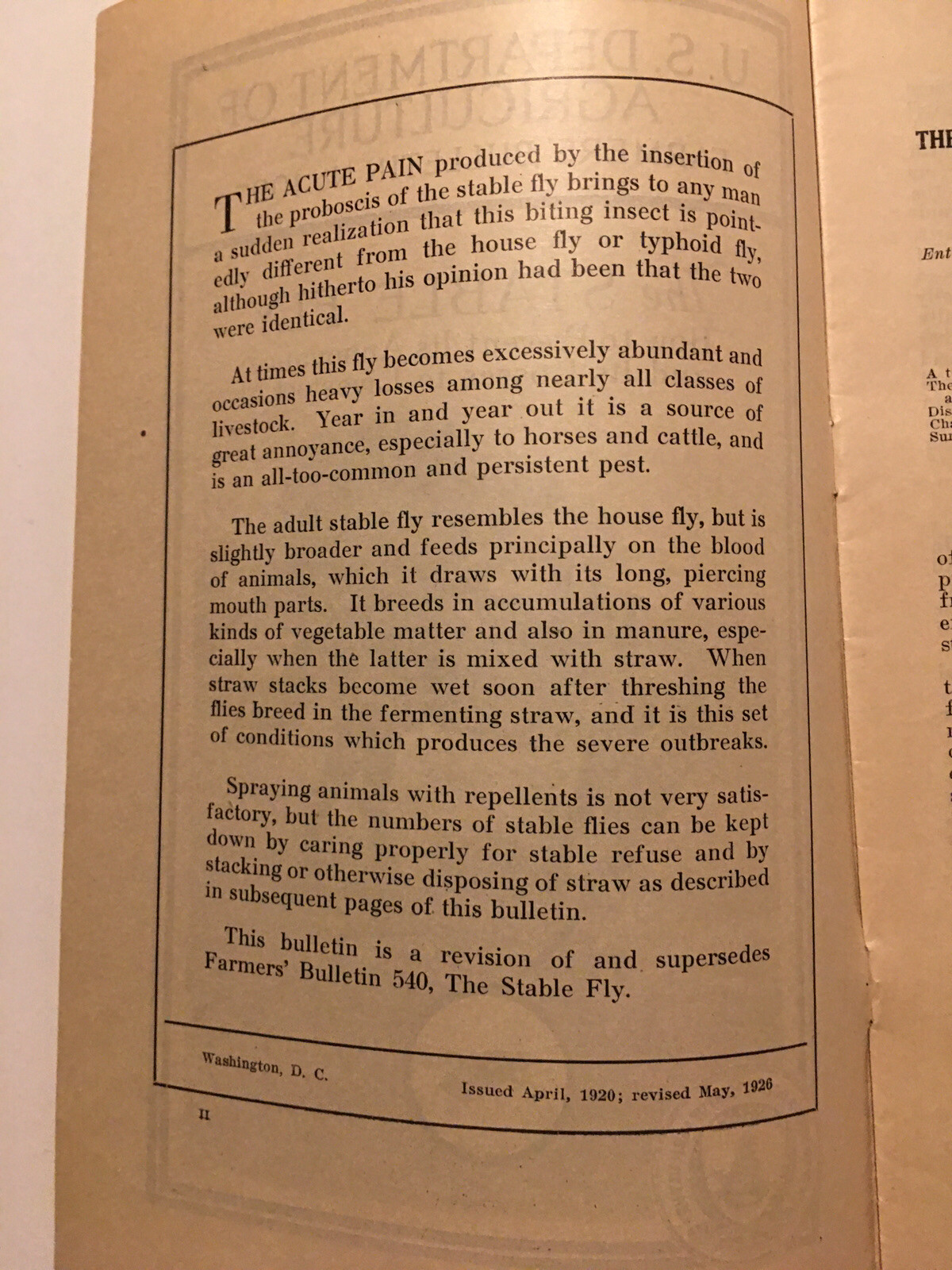 Farmers Bulletin US Dept of Agriculture No 1097 The Stable Fly 1926 prevention