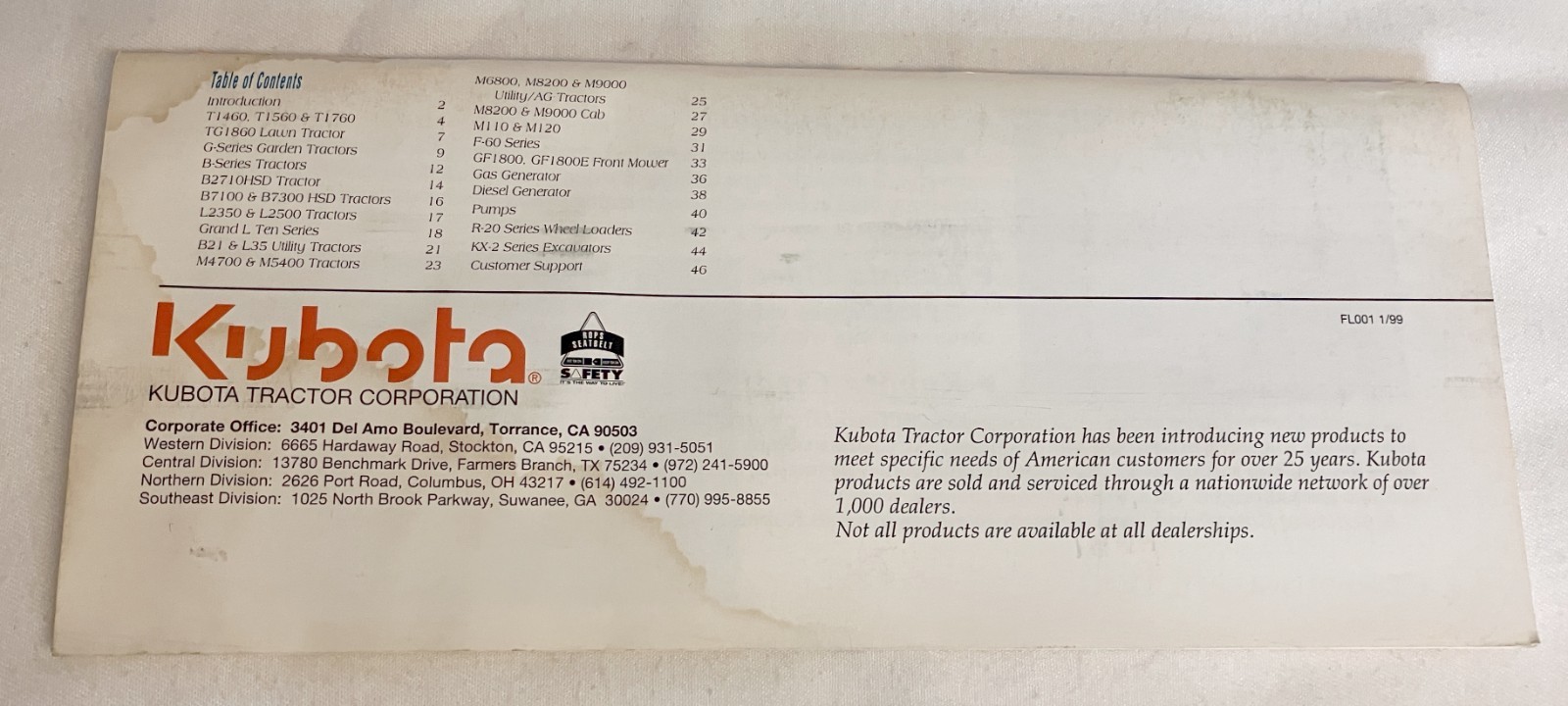 Kubota 1999 Products 48 pages Page Literature Guide 9″ x 4″ *STAINED*