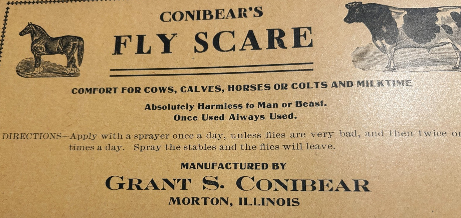 Conibear’s Fly Scare Morton Illinois For Cows Calves Horses Ad Sign Paper 10″x5″