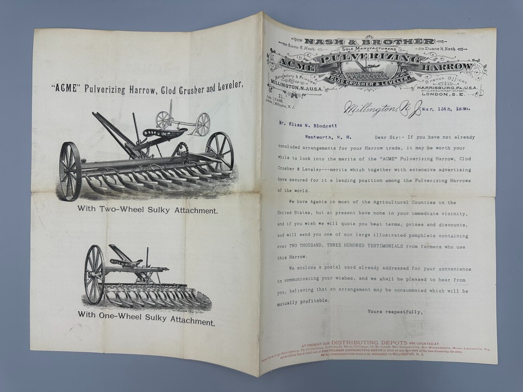 1886 ACME HARROW Nash FARM Advertising MILLINGTON NJ Antique