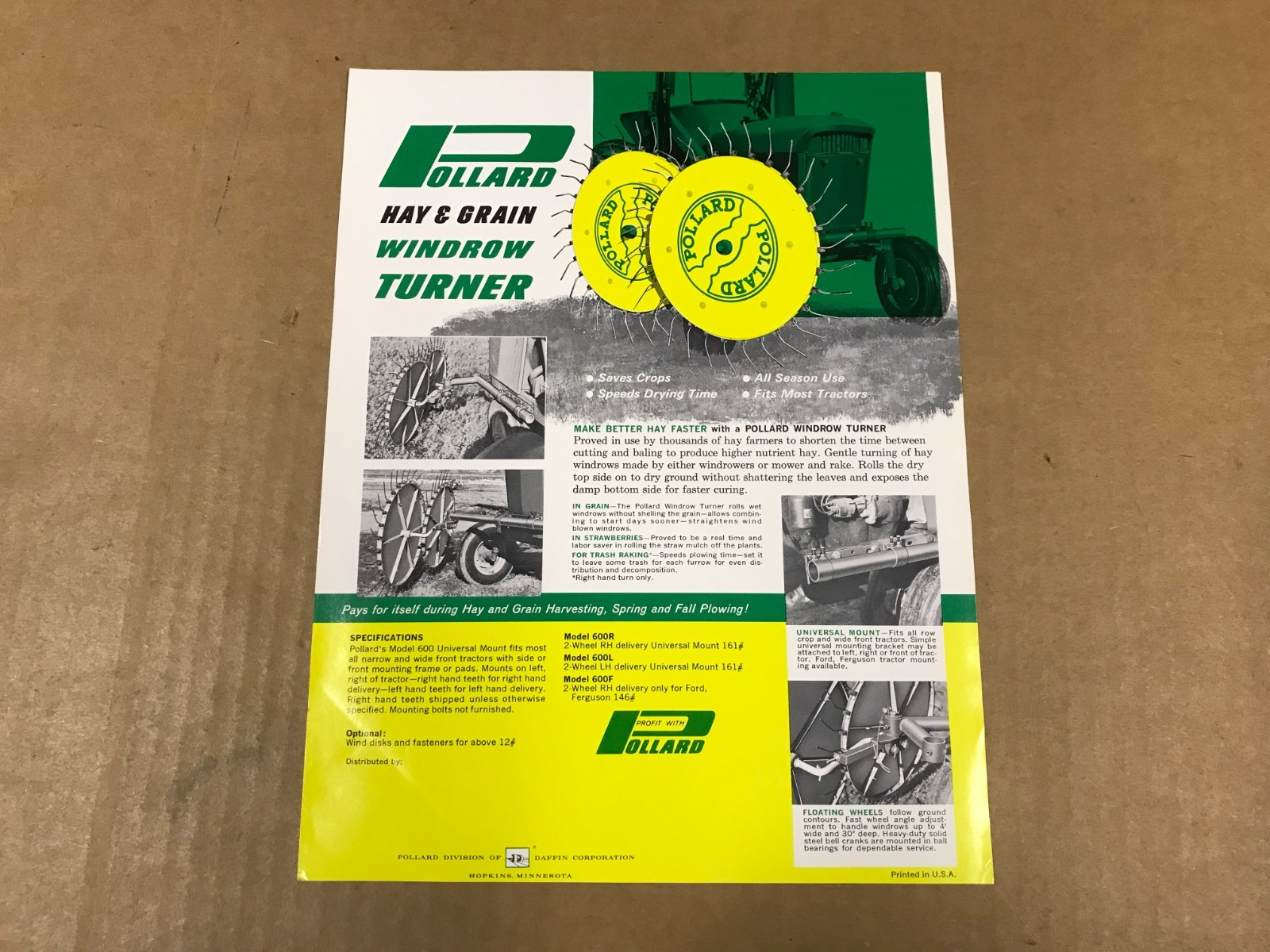 Vintage Pollard Hay & Grain Windrow Turner Salesman Flyer