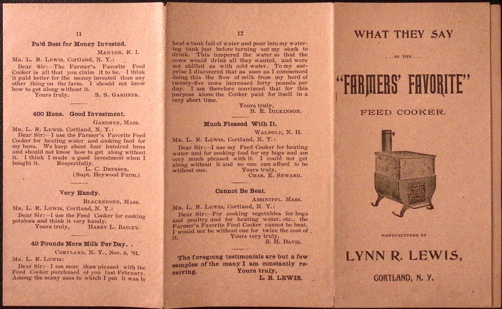 Farmers Favorite Feed Cooker Testimonial Brochure c1920s Cortland NY 3.25 x 6″