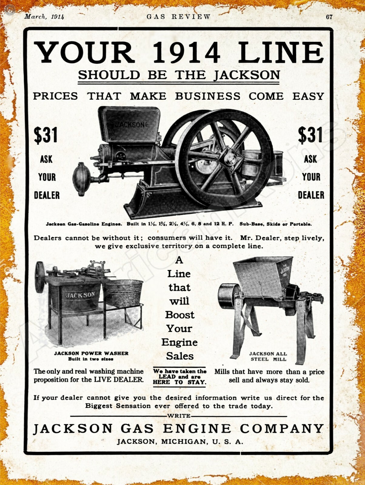 1914 Jackson Gas Engine Co. New Metal Sign: Jackson, Michigan