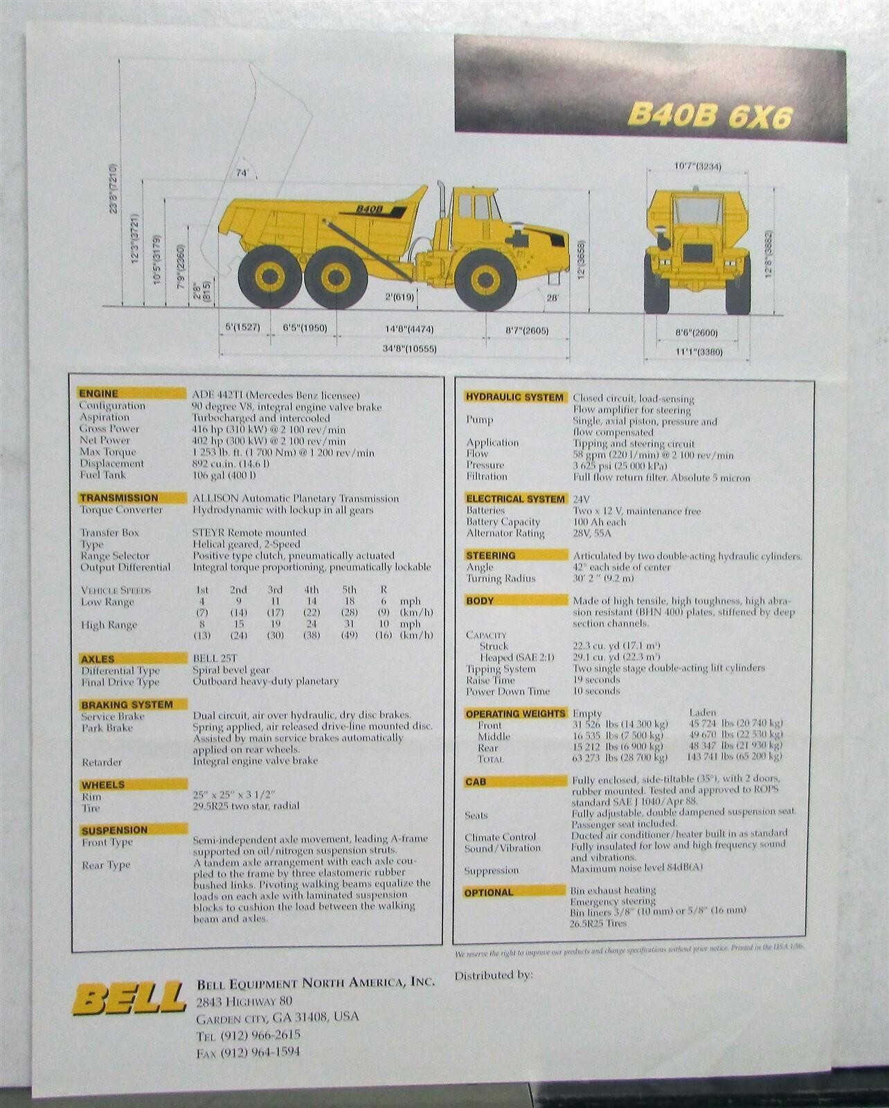 1996 Bell B40B 6X6 Articulated Dump Truck Construction Sales Data Sheet