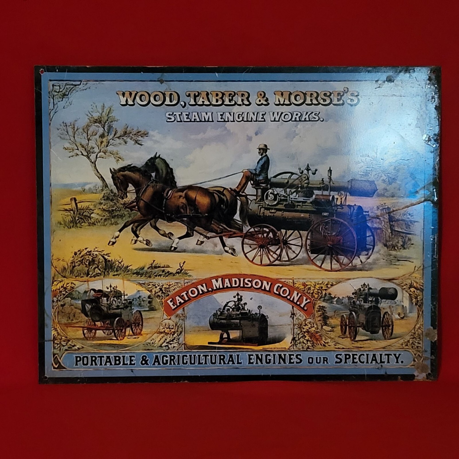 Vintage Repro Wood Taber & Morse’s Steam Engine Works Tin Sign Advertising