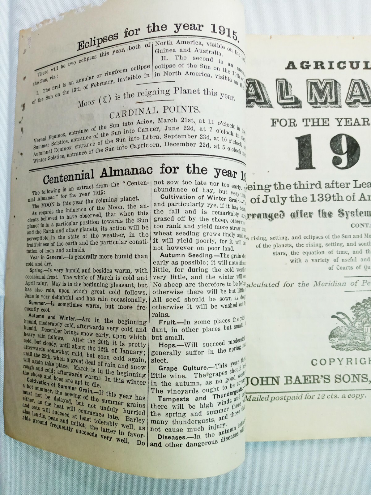 Vintage 1915 John Bear Baer’s Agricultural Almanac Lancaster PA Antique Farmers