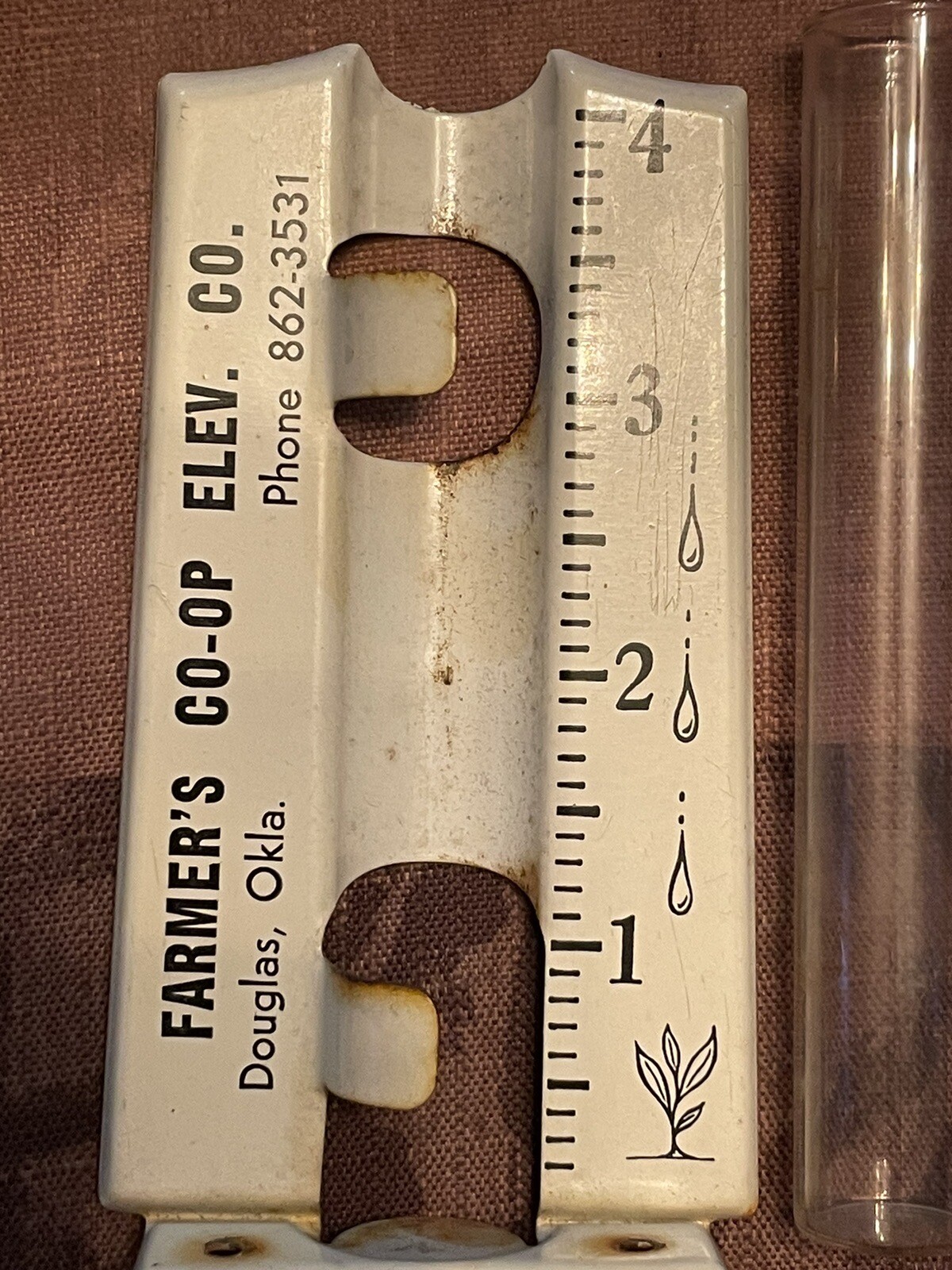 Vintage Rain Gauge Glass Tube Metal Stand FARMER’S CO-OP ELEV. CO Douglas Okla