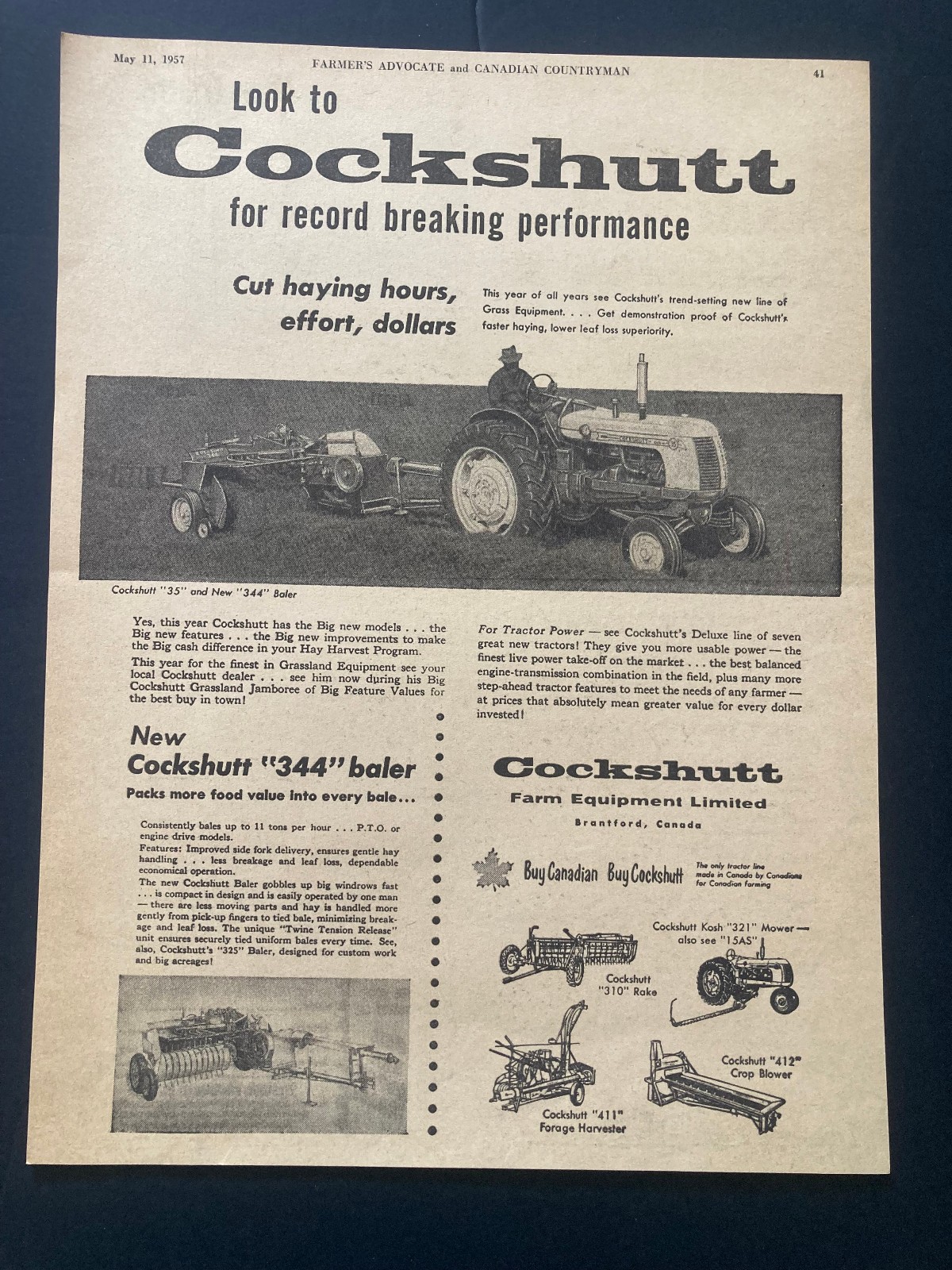 1957 CANADIAN COCKSHUTT TRACTOR AD CANADA MODEL 35 RAKE KOSH 321 MOWER