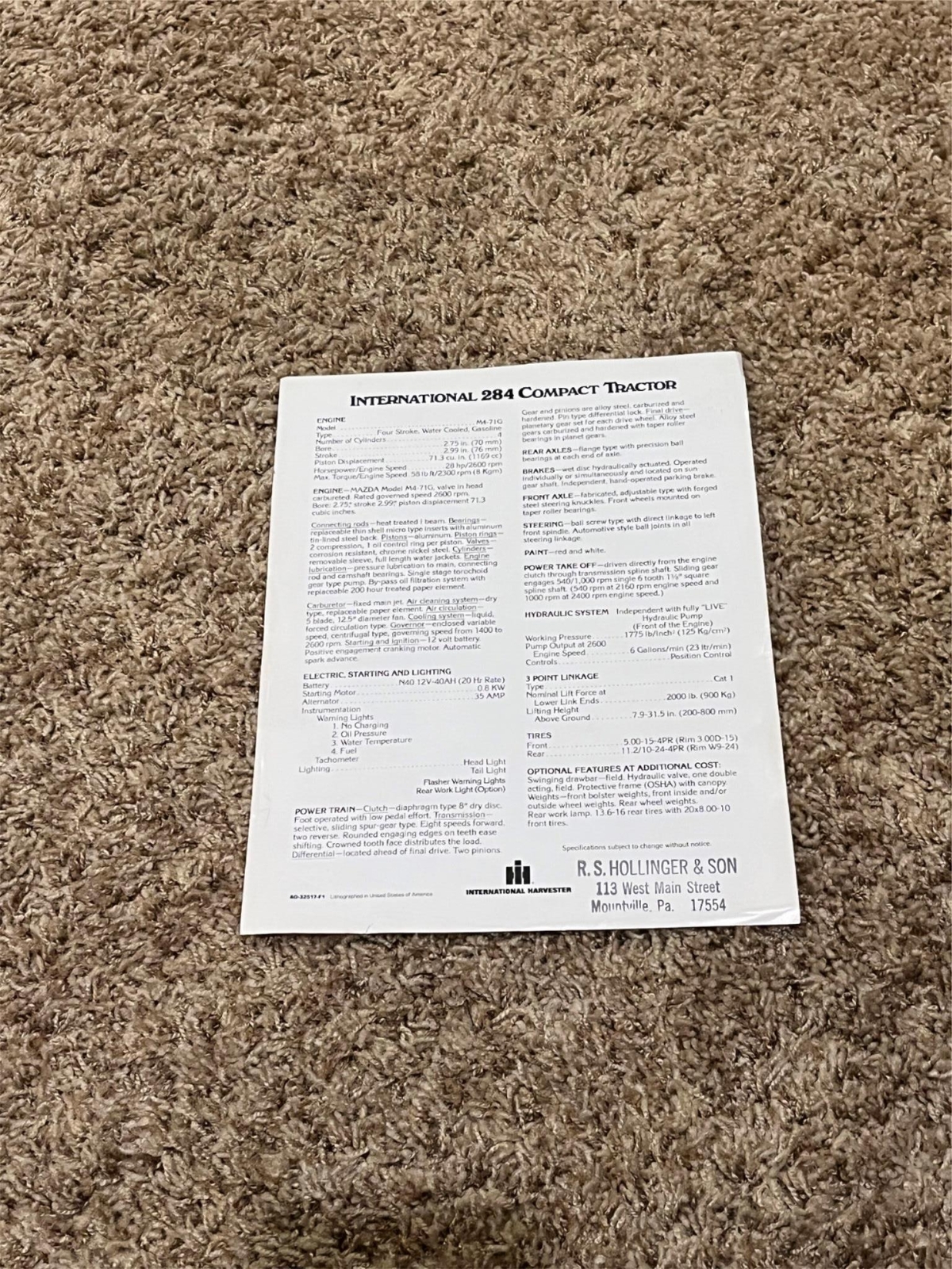 0055 INTERNATIONAL 284 COMPACT TRACTOR SPEC. SHEET