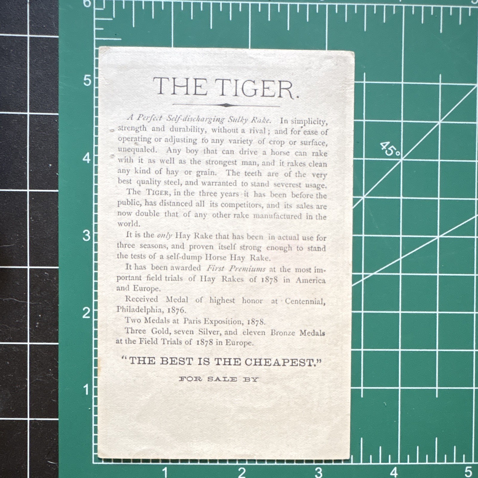 J.W. Stoddard & Co. “The Tiger King of Rakes” Trade Card, Multicolor 1878