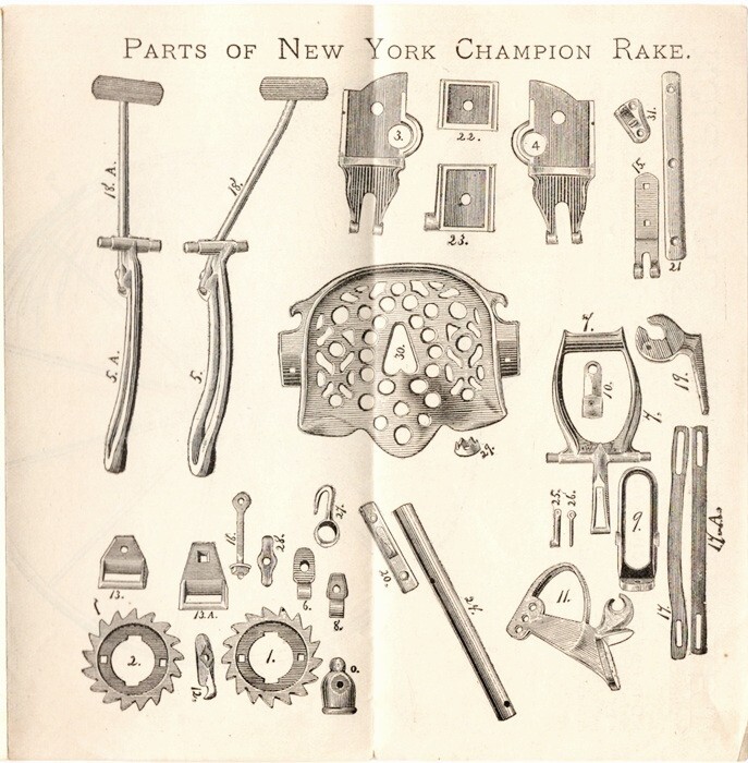 New York Champion (Horse Dump) Wheel Hay Rake, Brochure Patten, Stafford + 1880′