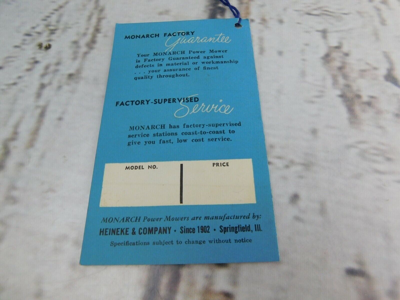 Vtg Original Monarch Rotary Power Mower Heineke & Co Hang Tag