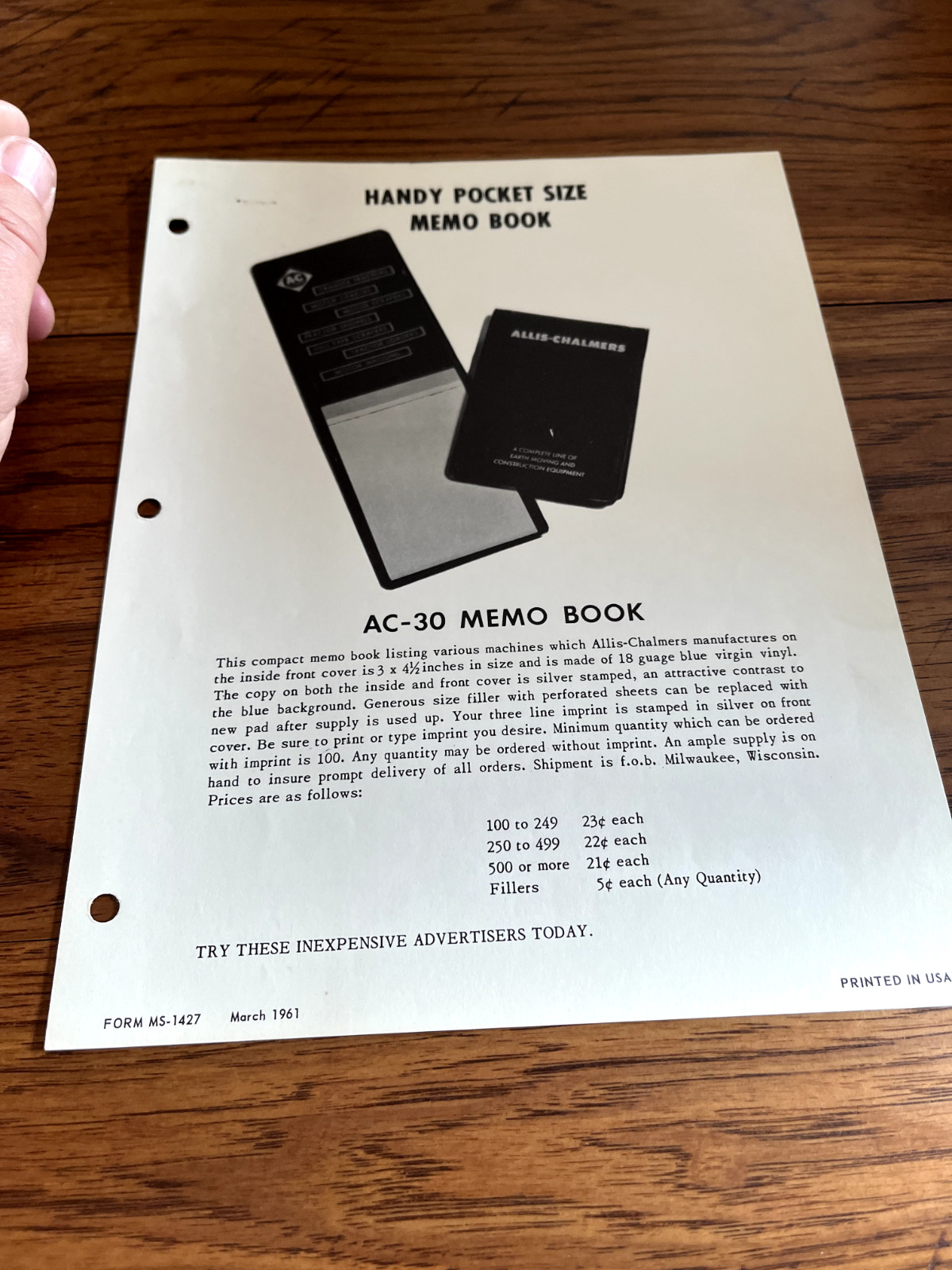 Allis Chalmers Pocket Size Memo Book for 1961 Brochure FCCA