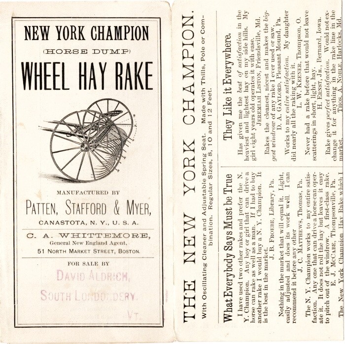 New York Champion (Horse Dump) Wheel Hay Rake, Brochure Patten, Stafford + 1880′