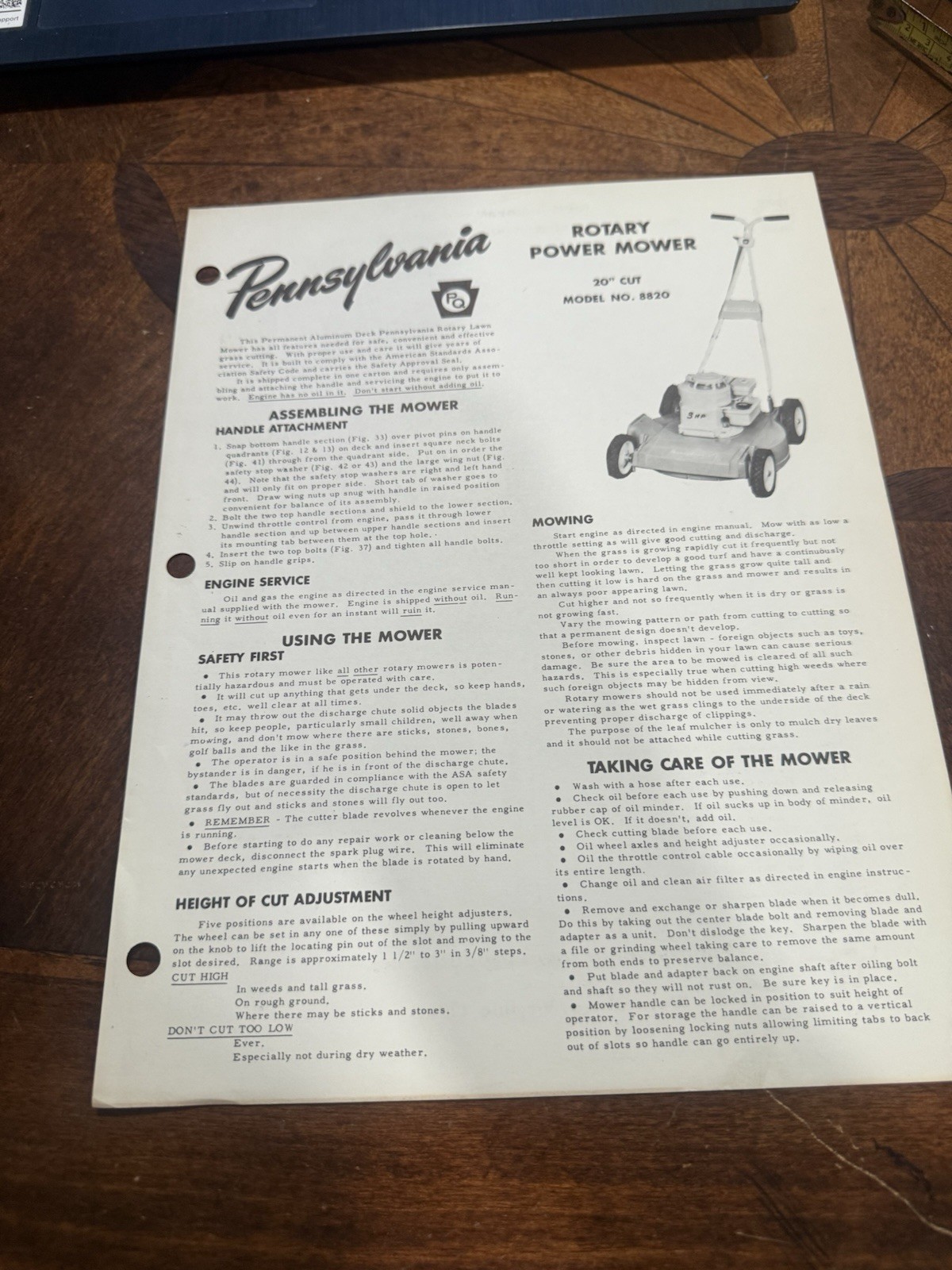 Pennsylvania Rotary Power Mower 20” Model 8820 Instructions Sheet