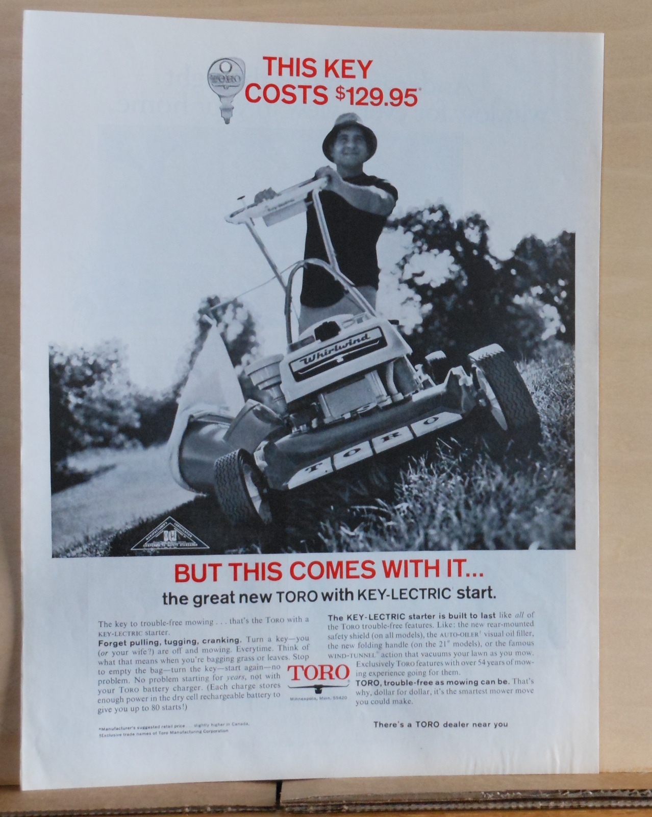 1969 magazine ad for Toro lawn mowers – Key-Lectric start, trouble free mowing