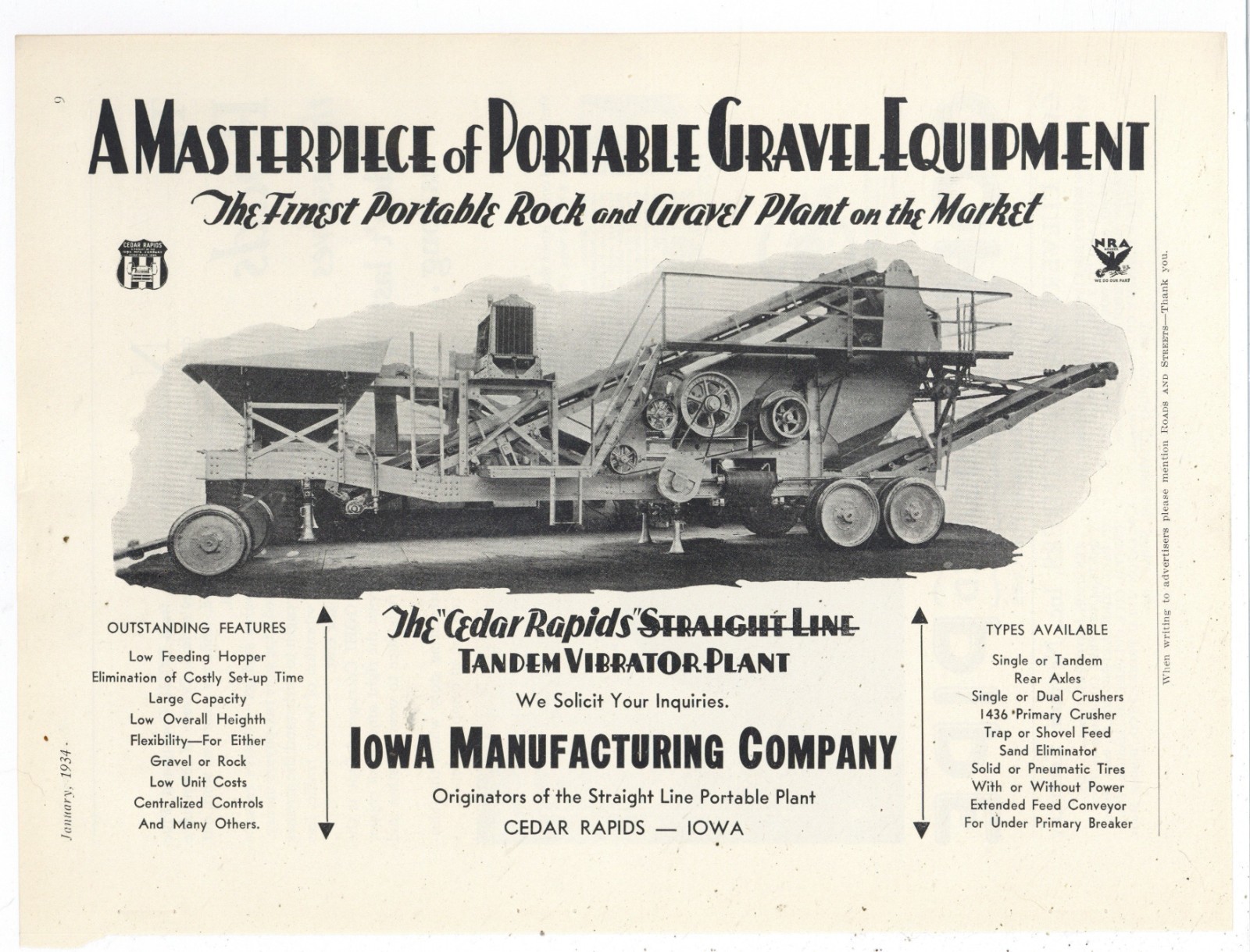 1934 Iowa Mfg. Co. of Cedar Rapids Ad: Cedar Rapids Tandem Gravel Plant