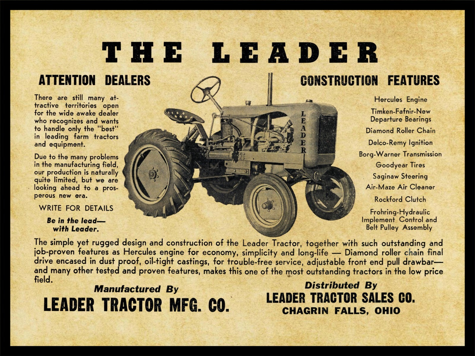 1946 Leader Tractors NEW Metal Sign 24″x30″ USA STEEL XL Size 7 lbs.