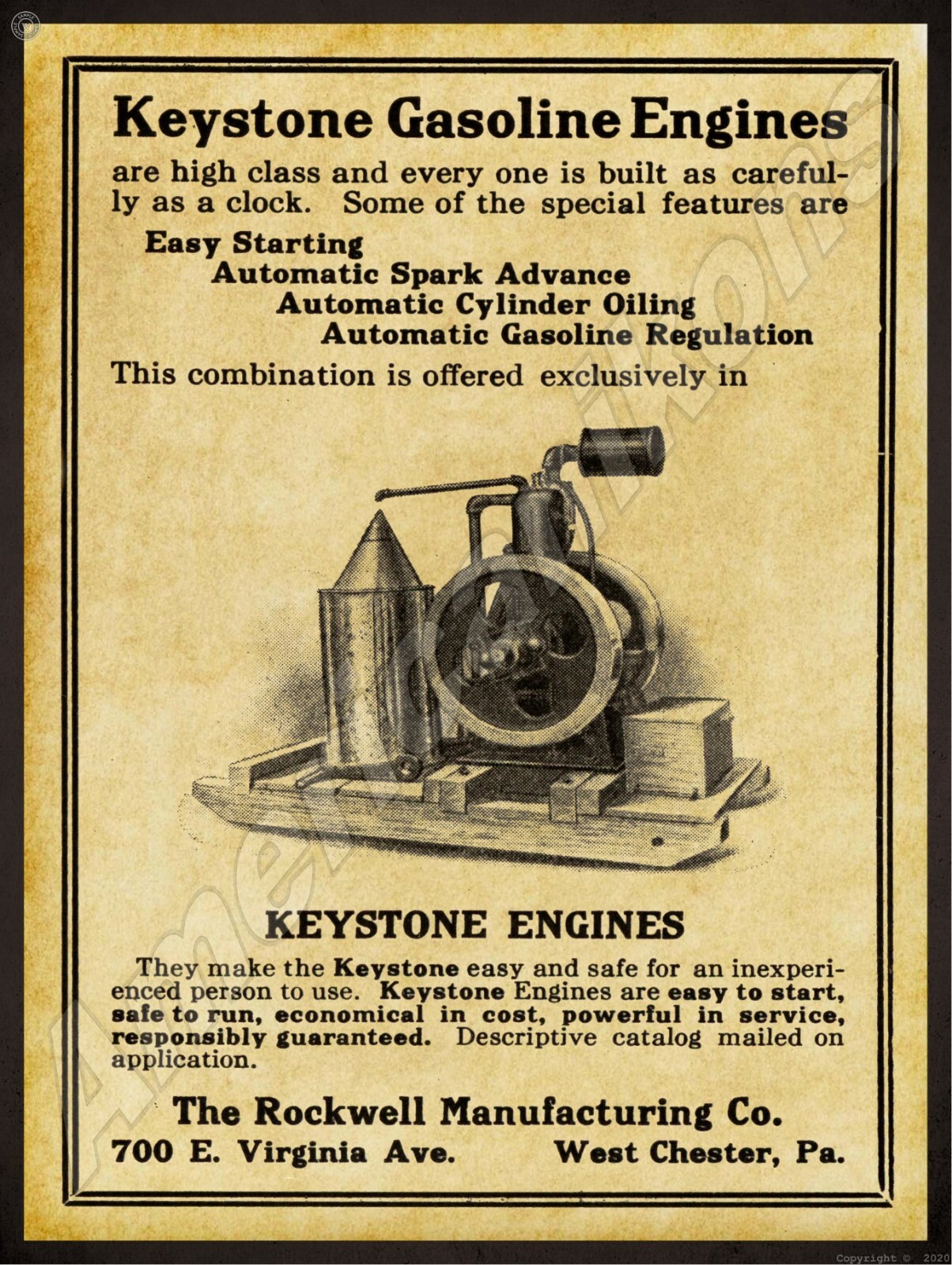 1912 Rockwell Keystone Gas Engines NEW Metal Sign 24″x30″ USA STEEL XL Size 7 lb