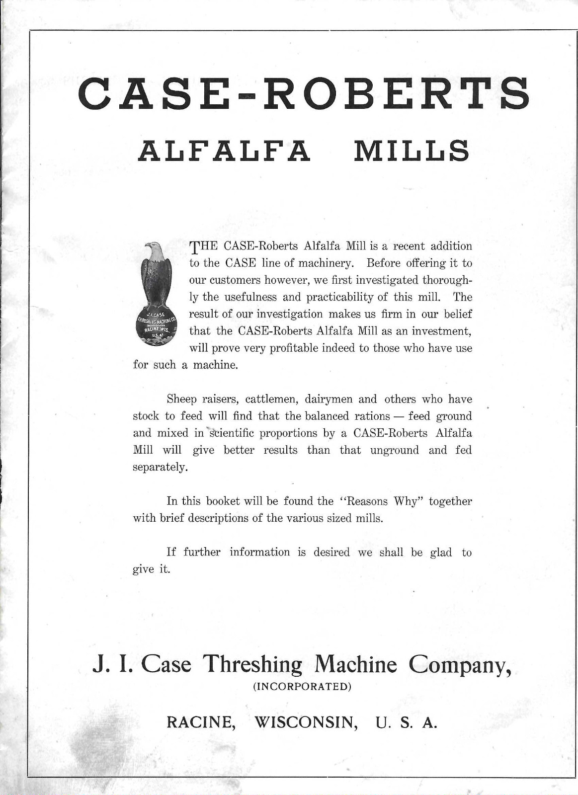 VTG 1913 CASE-ROBERTS ALFALFA MILLS CATALOG! J I CASE THRESHING MACHINE CO! JI
