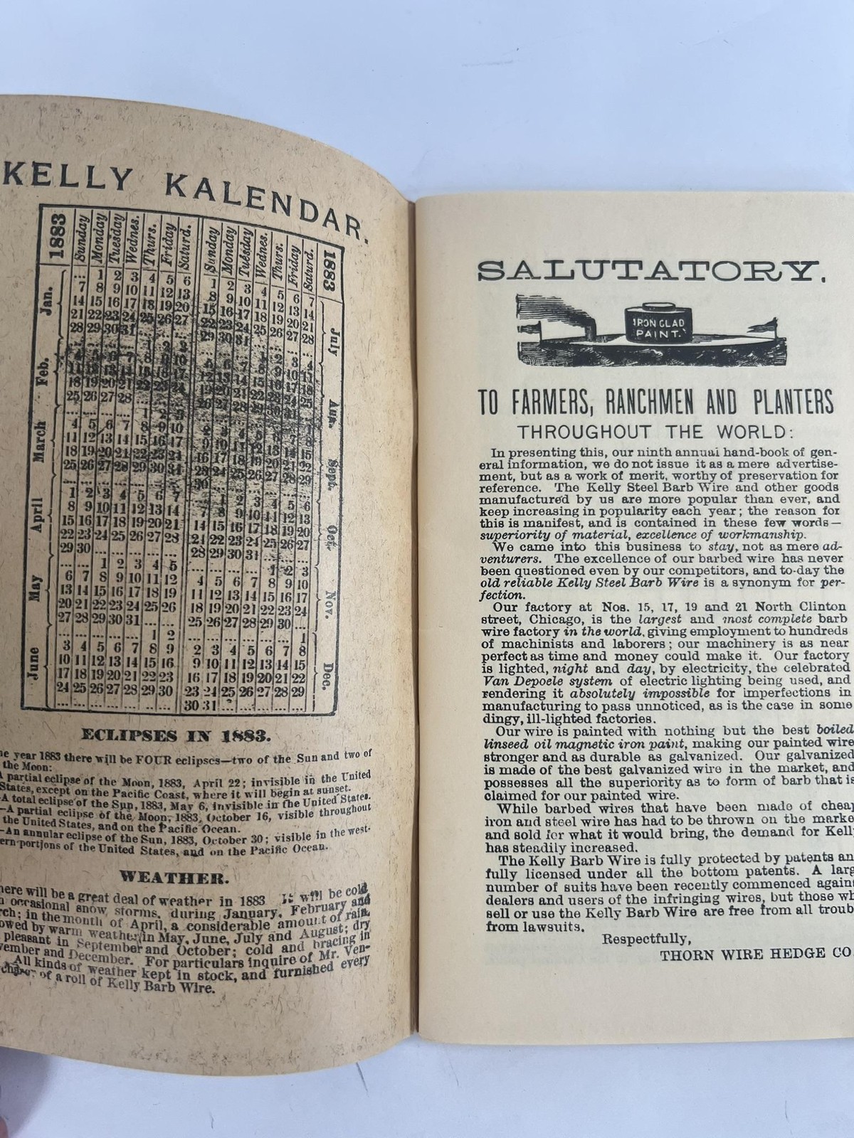 Vintage 1883 Thorn Wire Hedge Co Kelly Steel Barb Wire Booklet Chicago USA