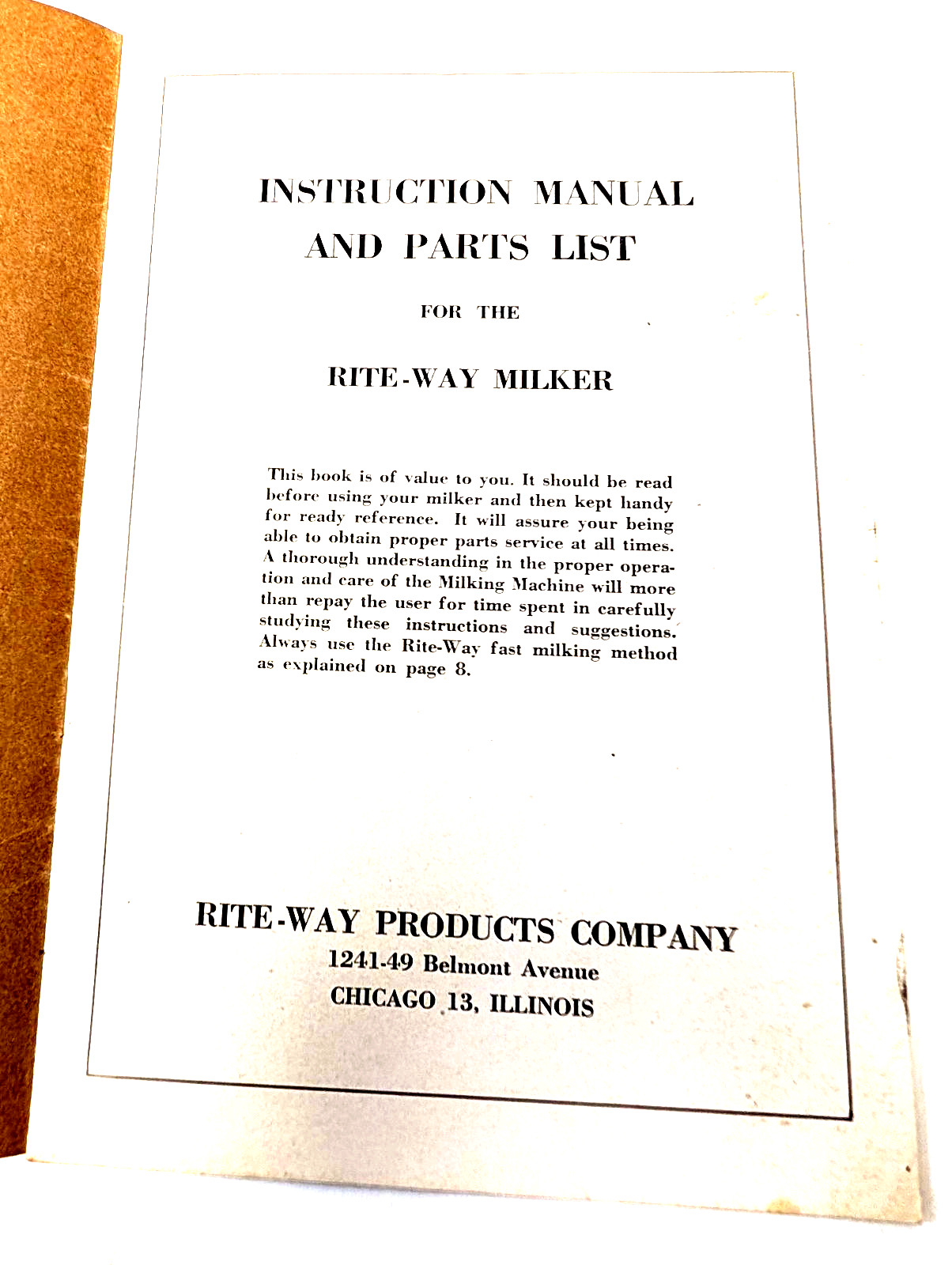 1952 Rite-Way Milker Instruction Manual & Parts List Farm Milking Machine